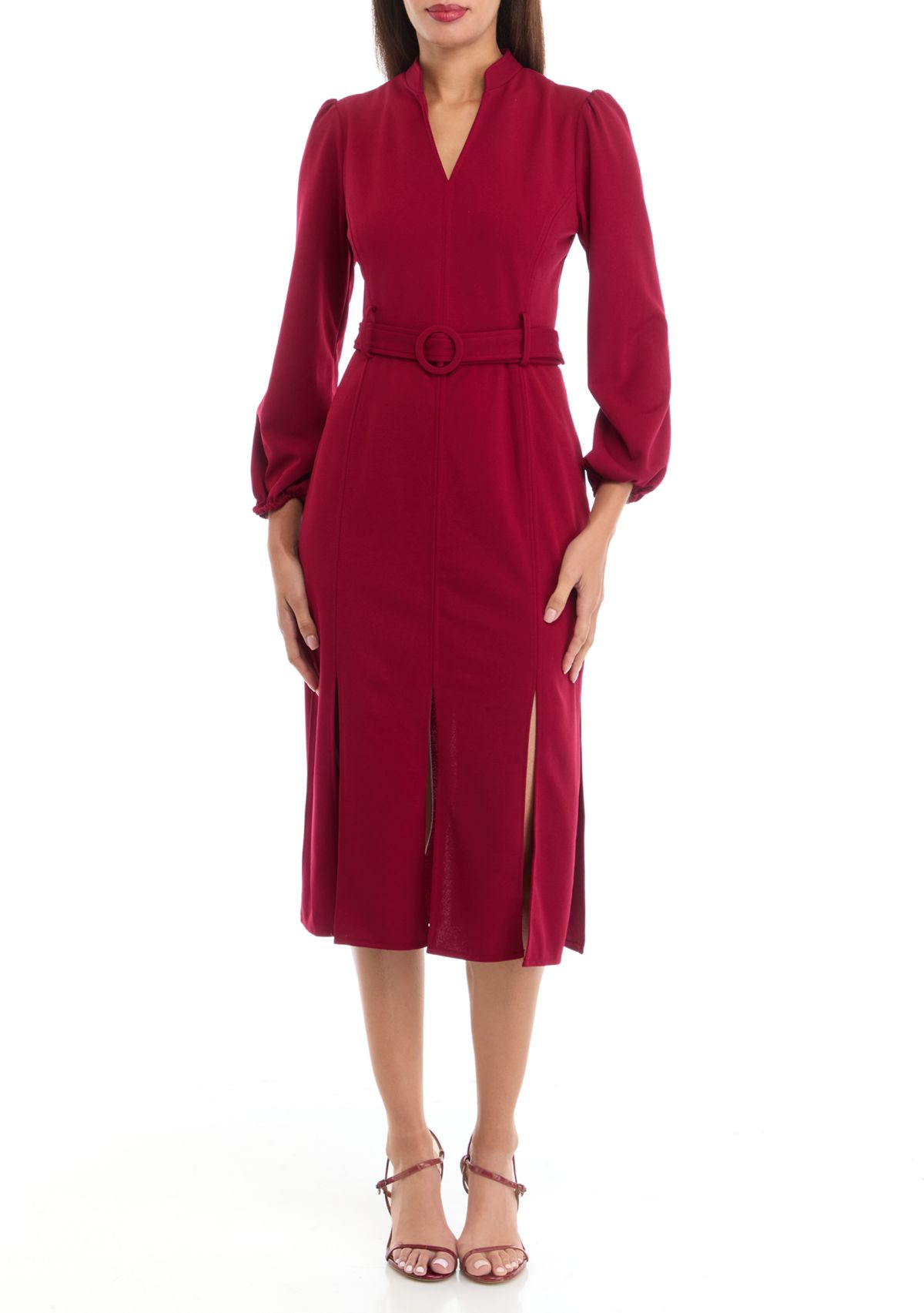 Womens V-Neck Belted Solid Scuba Crepe Fit and Flare Dress