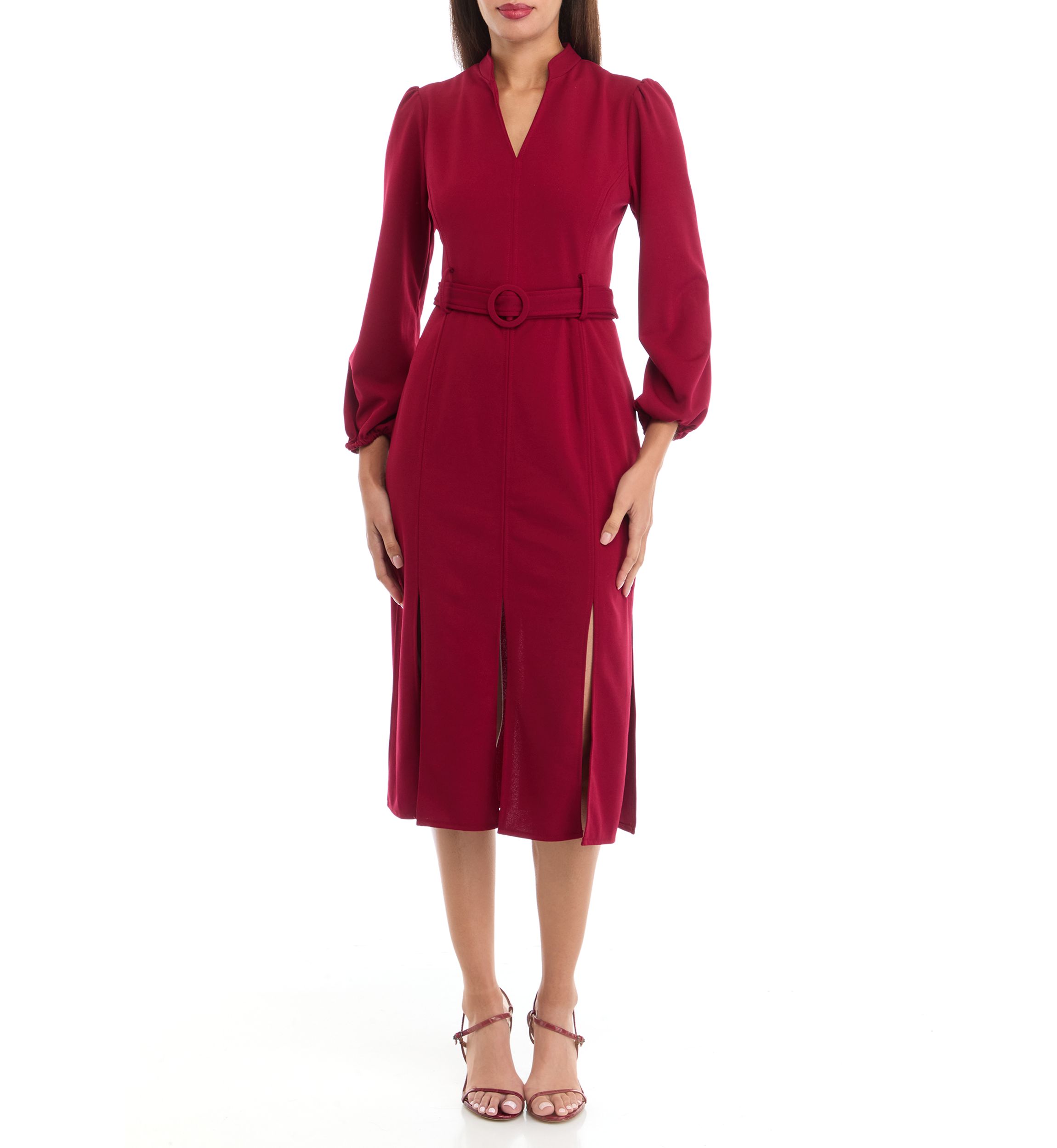 Womens V-Neck Belted Solid Scuba Crepe Fit and Flare Dress