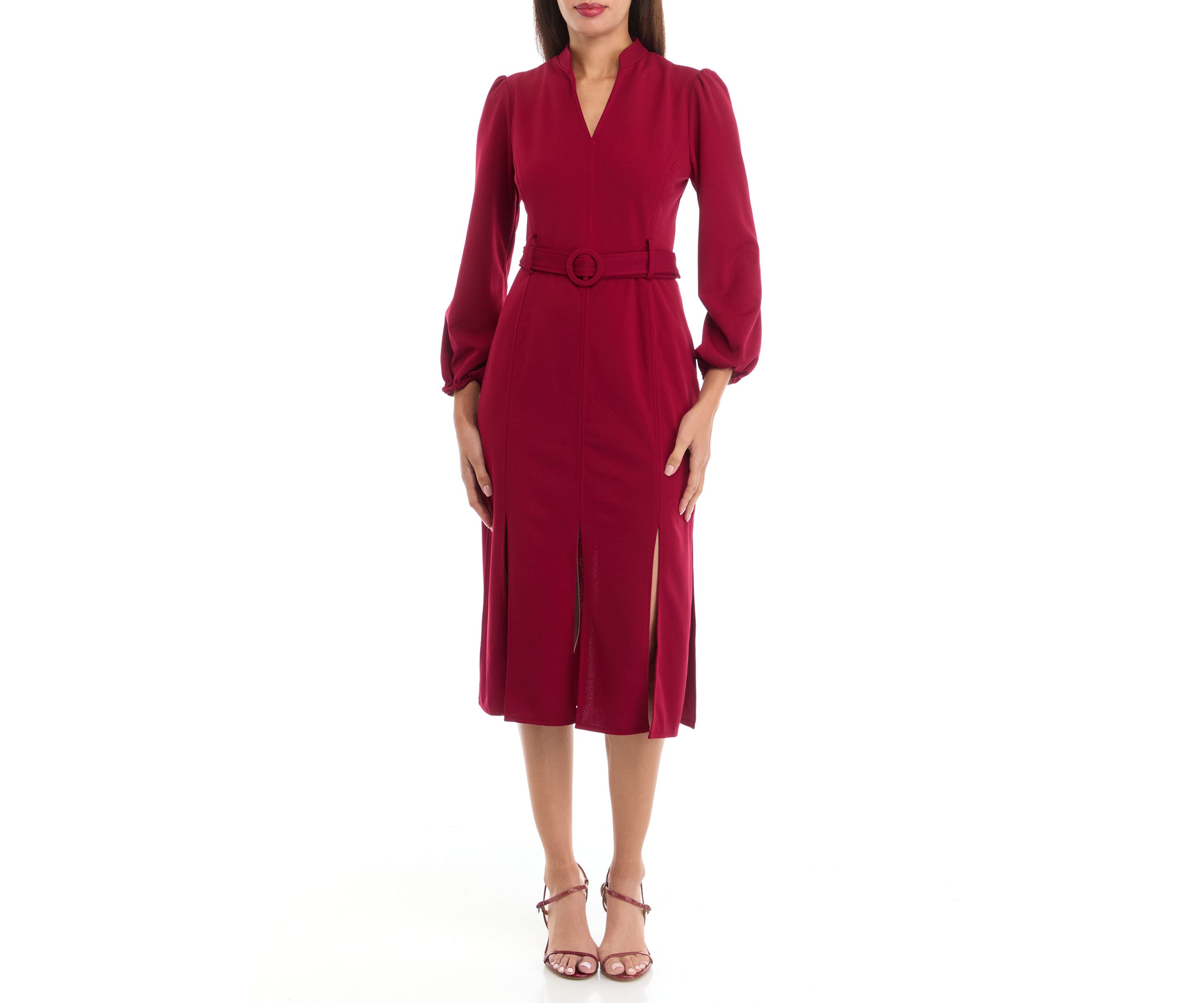 Womens V-Neck Belted Solid Scuba Crepe Fit and Flare Dress