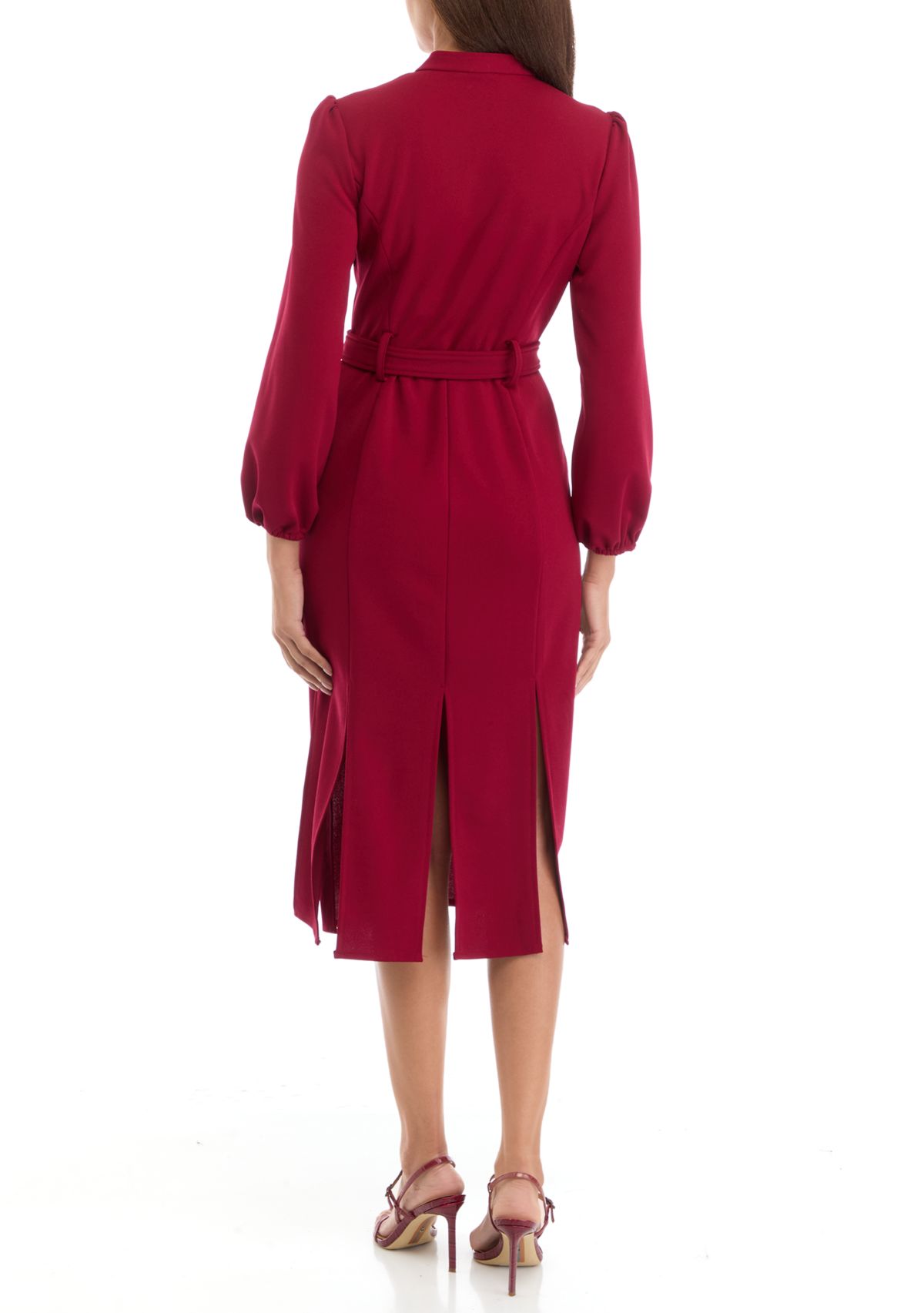 Womens V-Neck Belted Solid Scuba Crepe Fit and Flare Dress