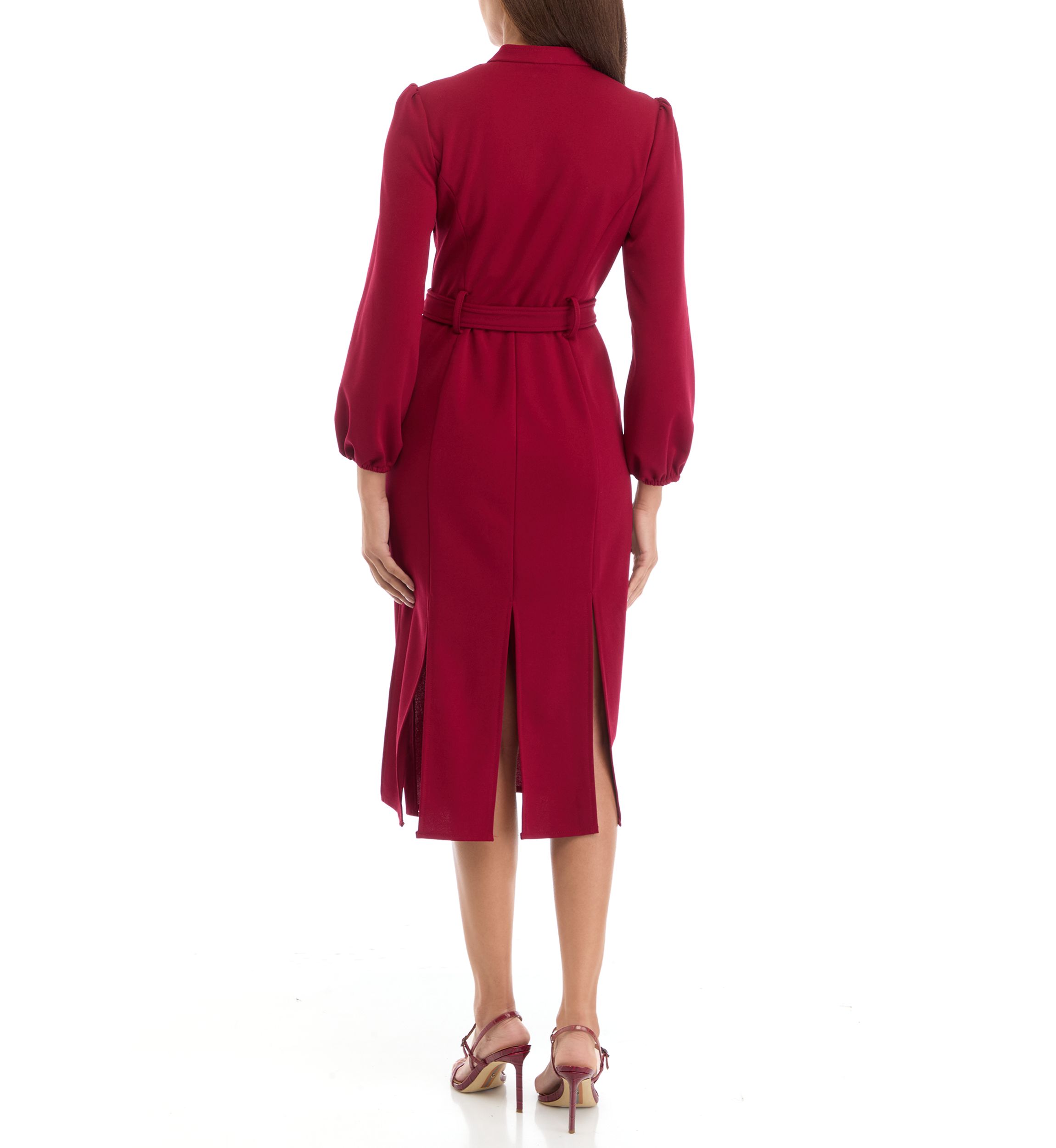Womens V-Neck Belted Solid Scuba Crepe Fit and Flare Dress