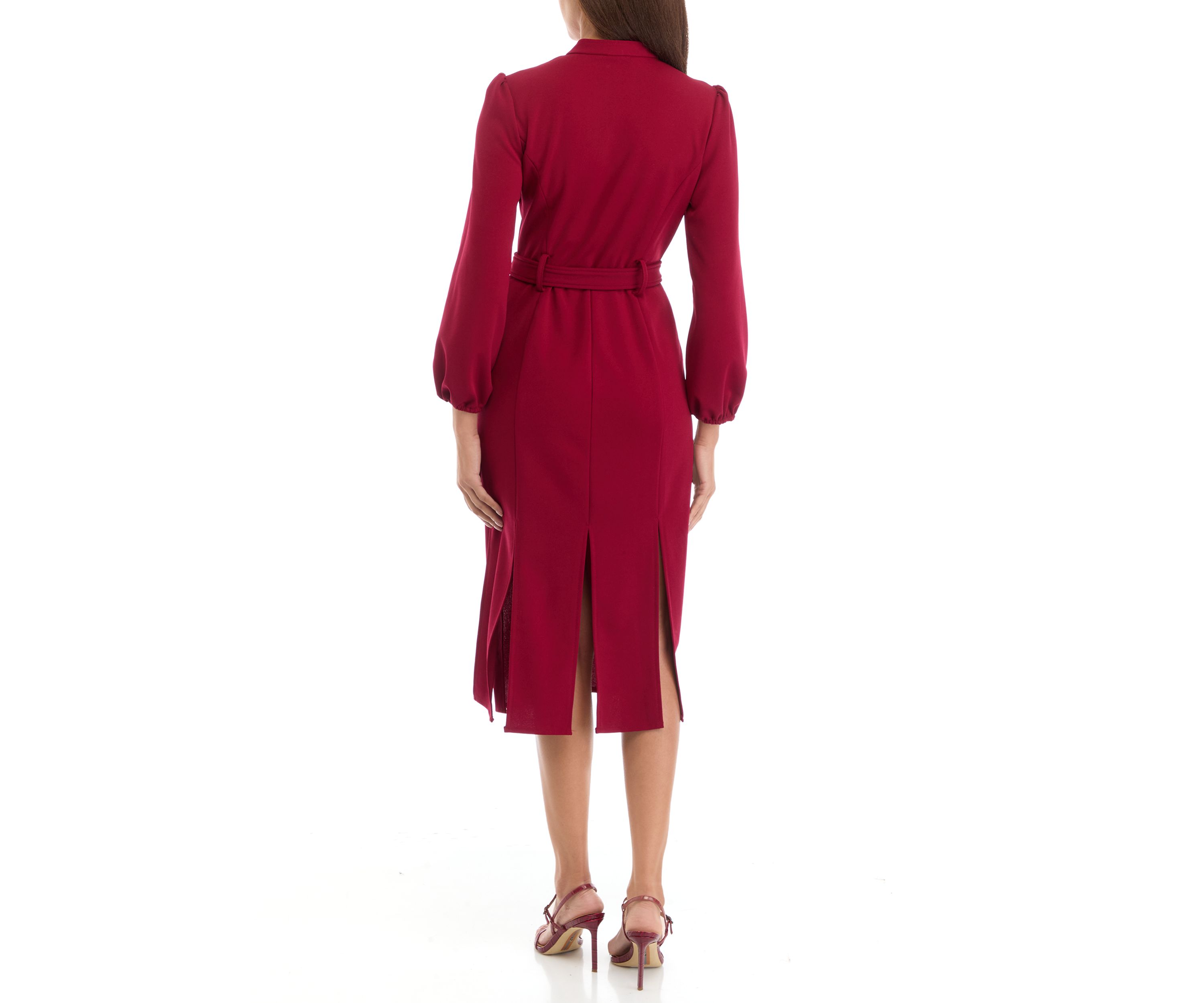 Womens V-Neck Belted Solid Scuba Crepe Fit and Flare Dress