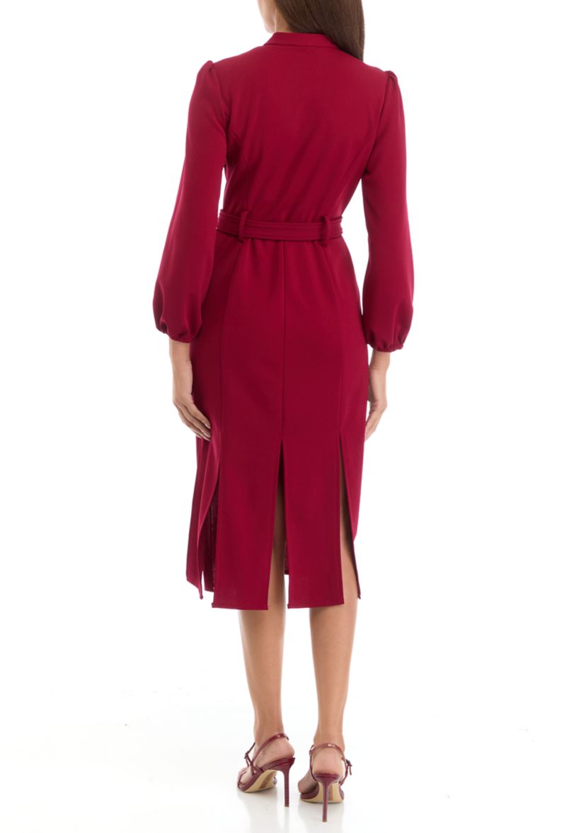 Womens V-Neck Belted Solid Scuba Crepe Fit and Flare Dress