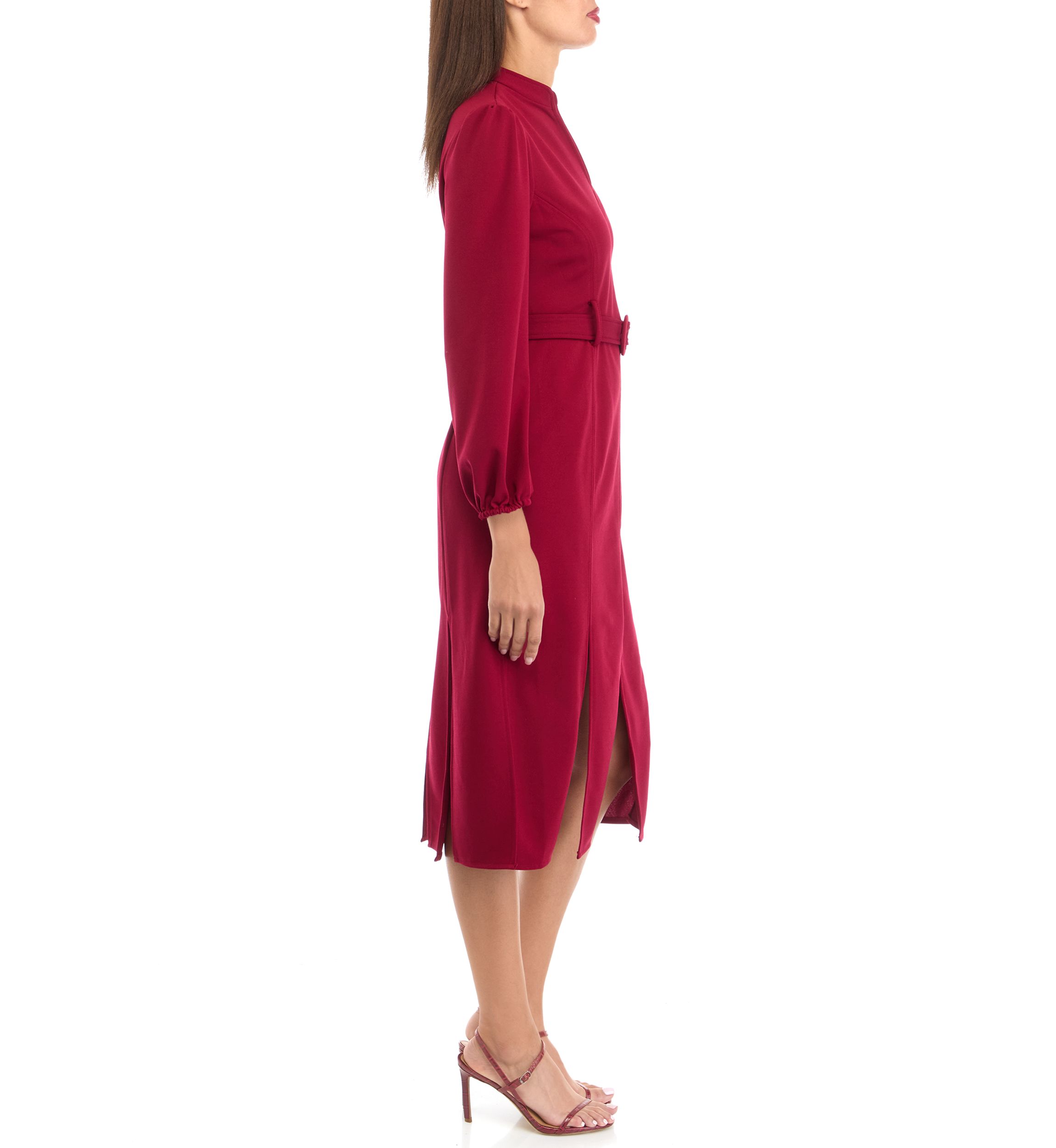 Womens V-Neck Belted Solid Scuba Crepe Fit and Flare Dress