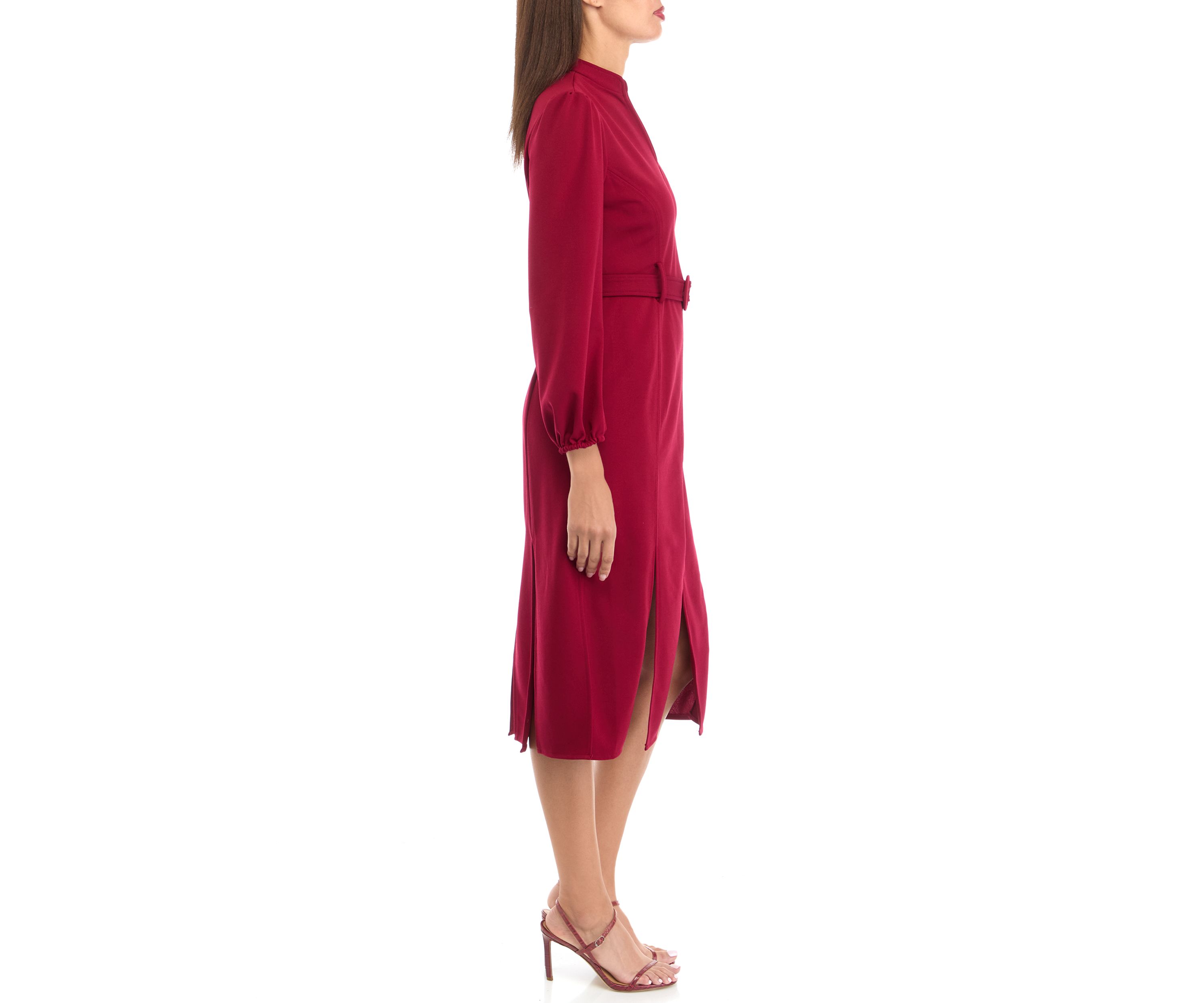 Womens V-Neck Belted Solid Scuba Crepe Fit and Flare Dress