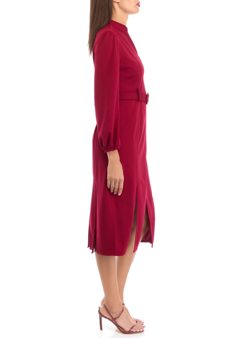 Womens V-Neck Belted Solid Scuba Crepe Fit and Flare Dress