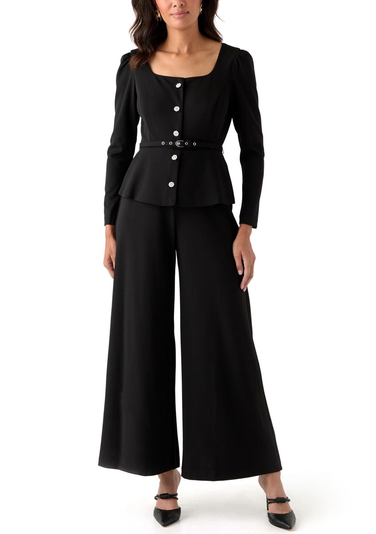 Womens Long Sleeve Crew Neck Crepe Jumpsuit