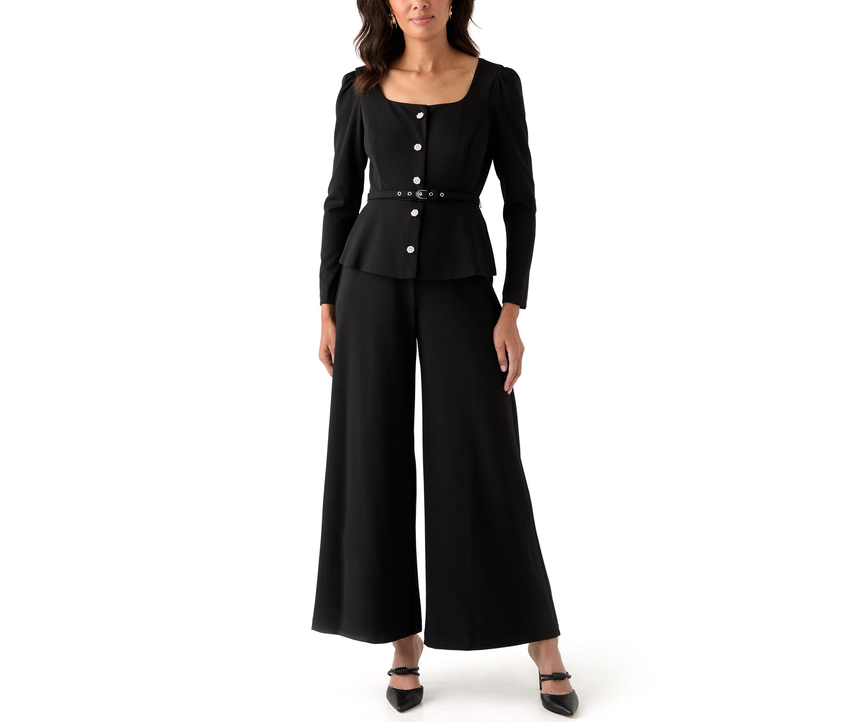 Womens Long Sleeve Crew Neck Crepe Jumpsuit
