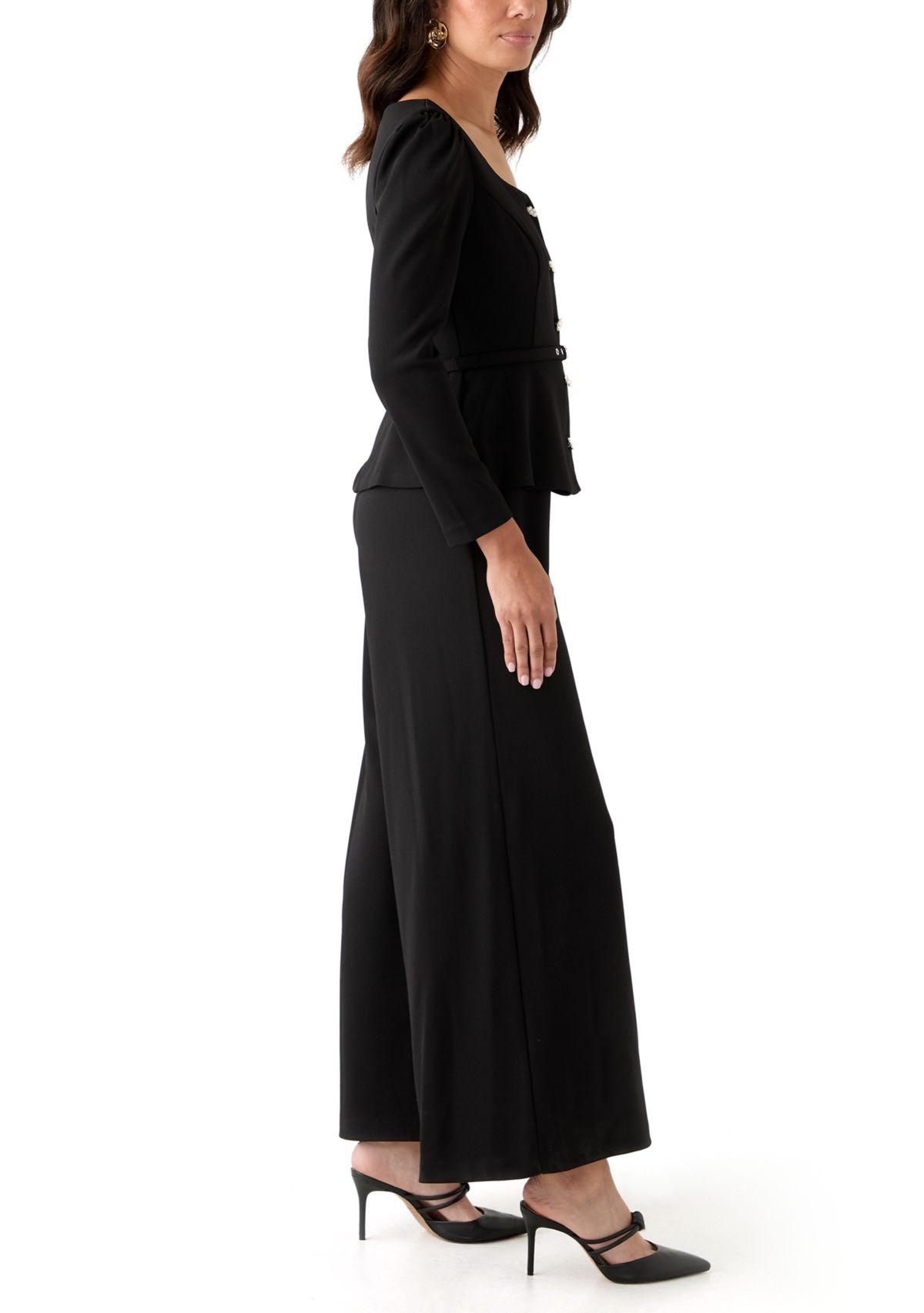 Womens Long Sleeve Crew Neck Crepe Jumpsuit