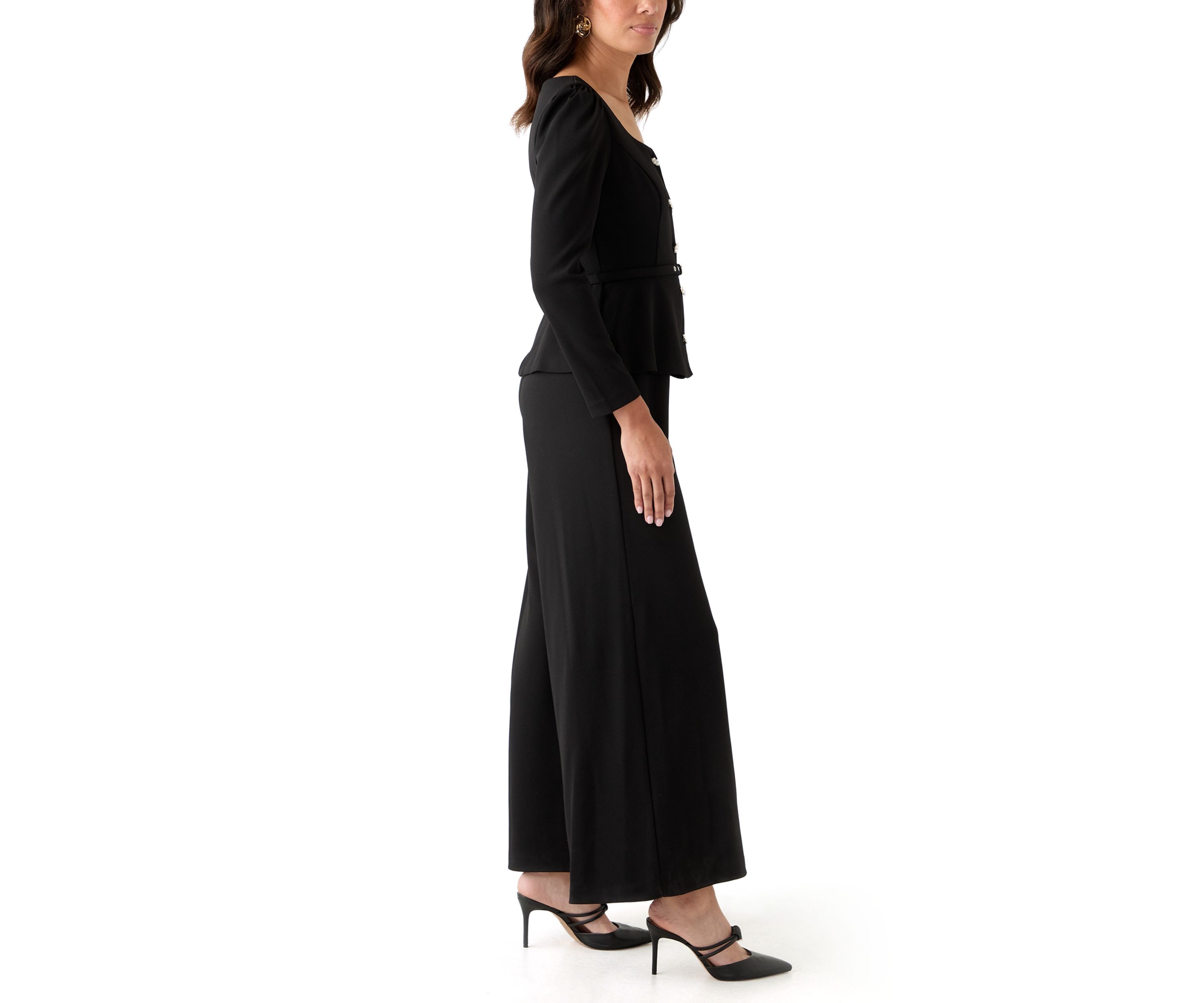 Womens Long Sleeve Crew Neck Crepe Jumpsuit