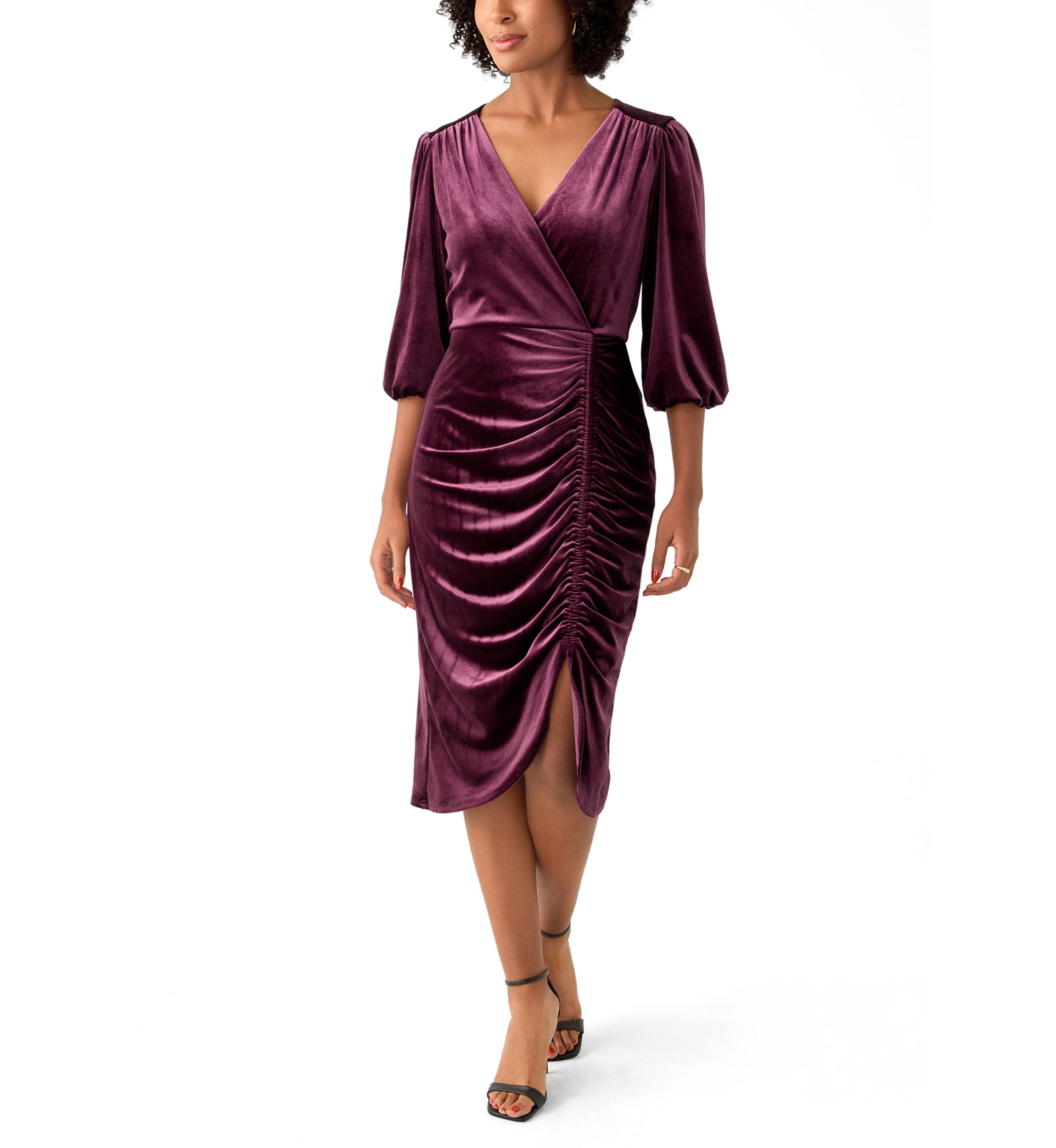 Womens 3/4 Sleeve V-Neck Solid Velvet Sheath Dress