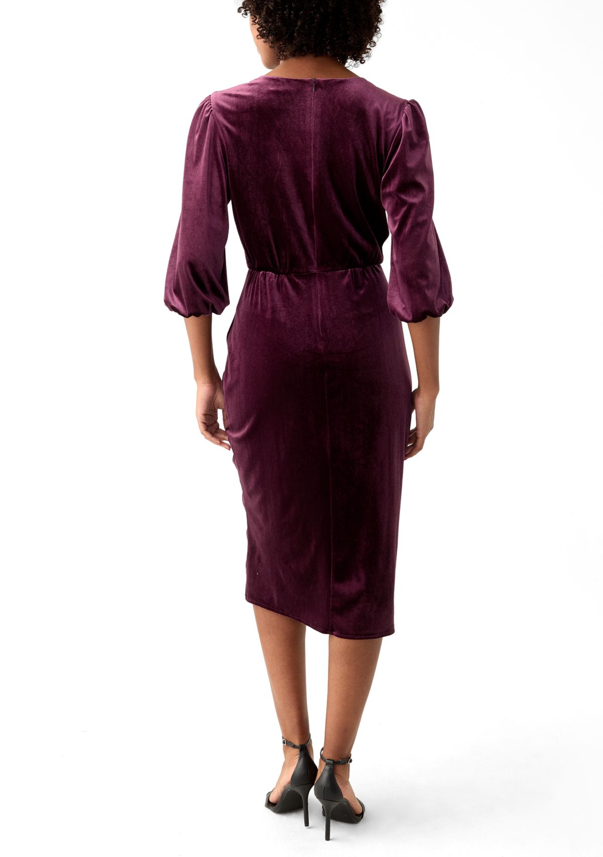 Womens 3/4 Sleeve V-Neck Solid Velvet Sheath Dress