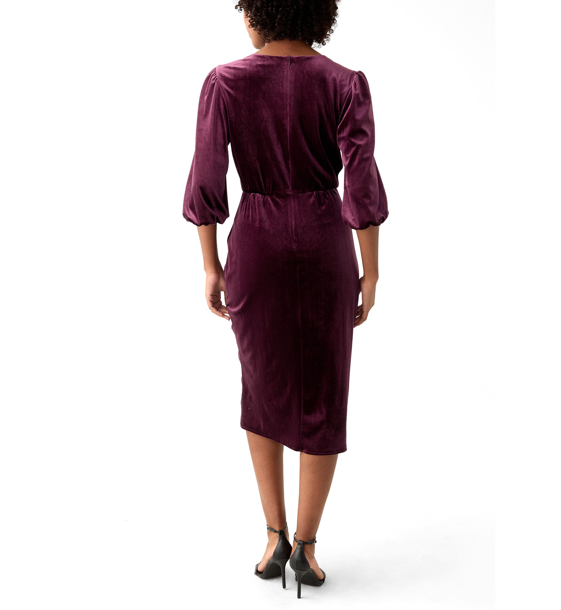 Womens 3/4 Sleeve V-Neck Solid Velvet Sheath Dress