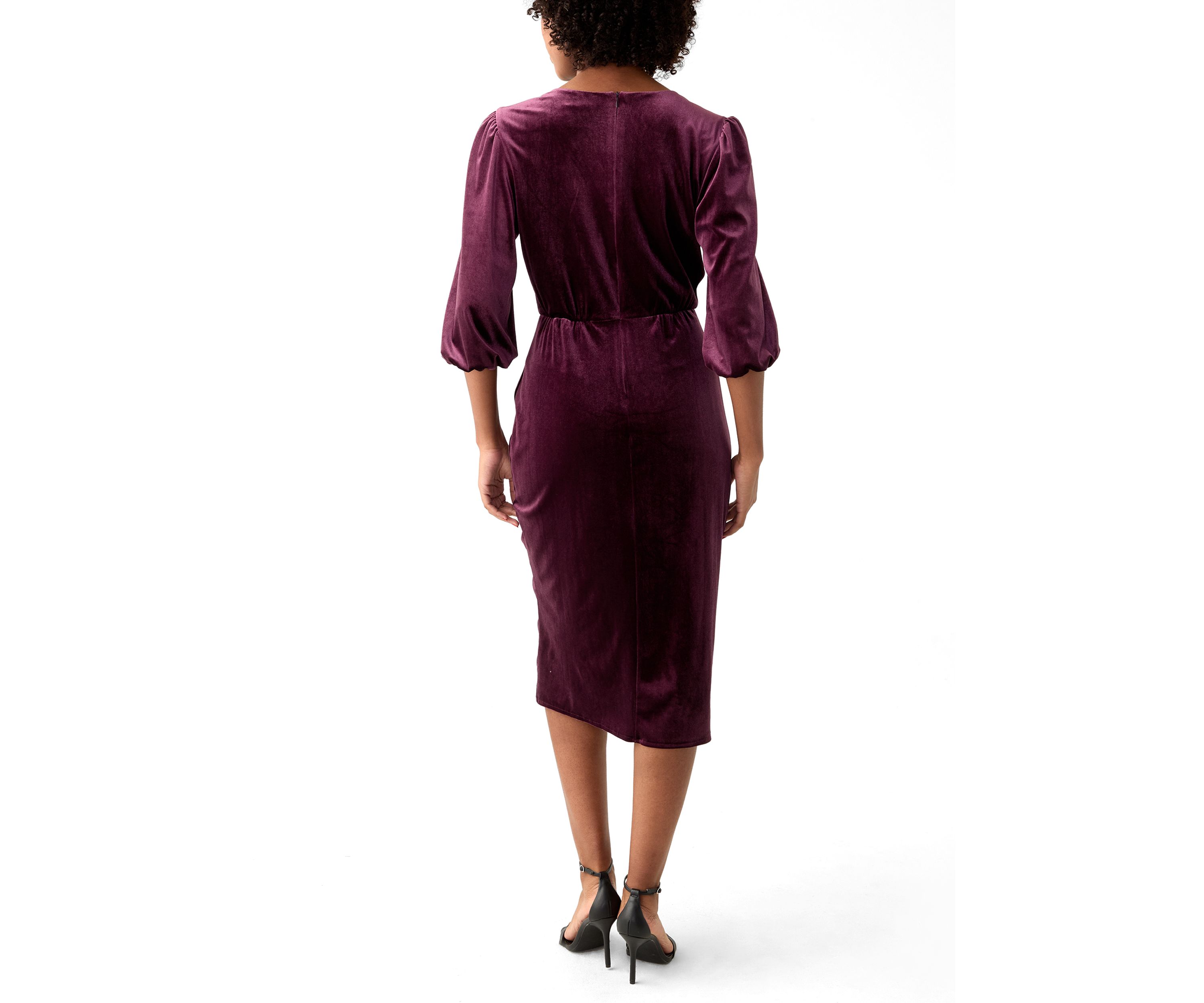 Womens 3/4 Sleeve V-Neck Solid Velvet Sheath Dress