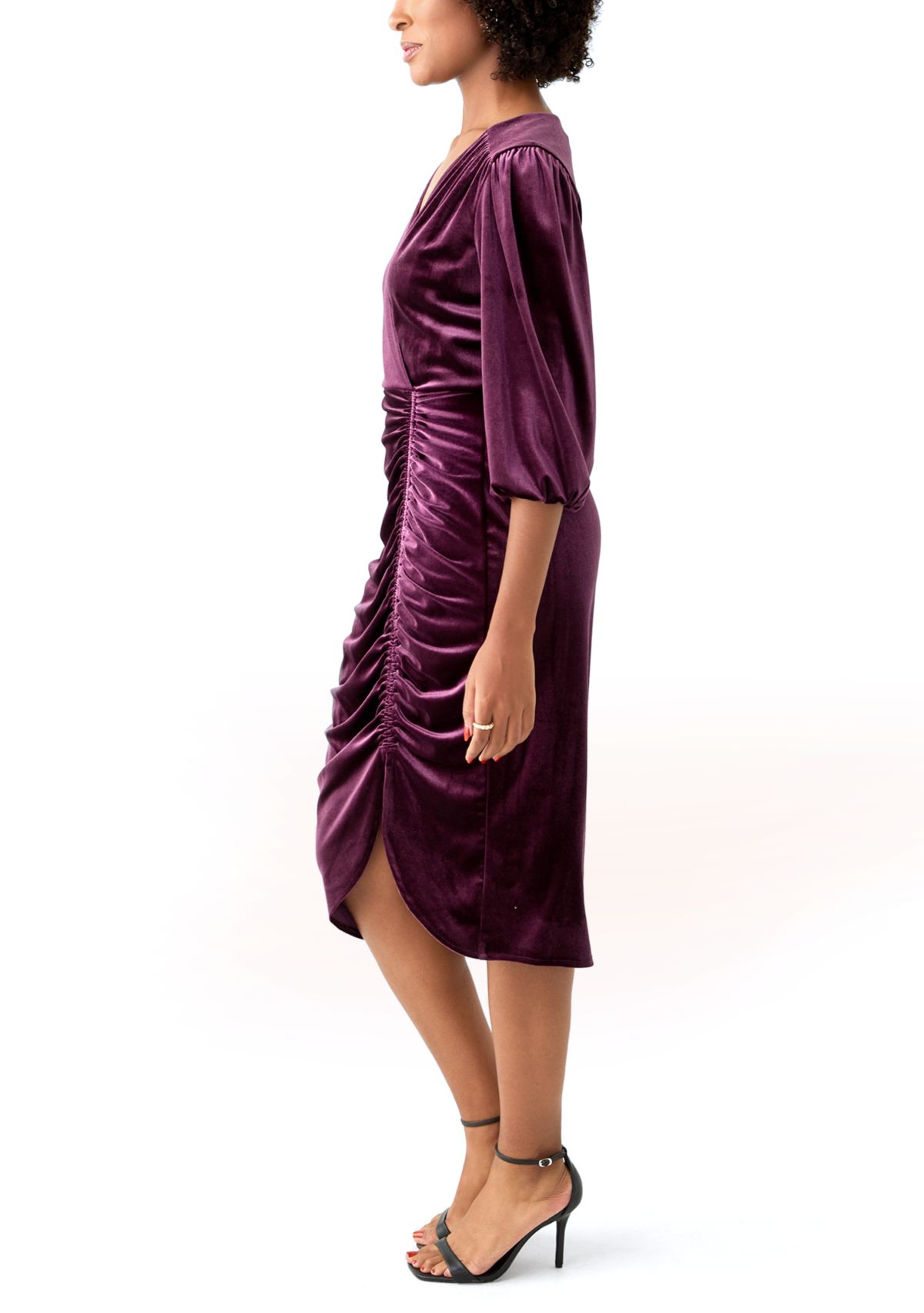 Womens 3/4 Sleeve V-Neck Solid Velvet Sheath Dress