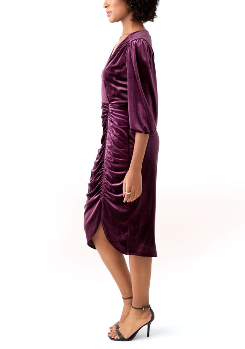 Womens 3/4 Sleeve V-Neck Solid Velvet Sheath Dress