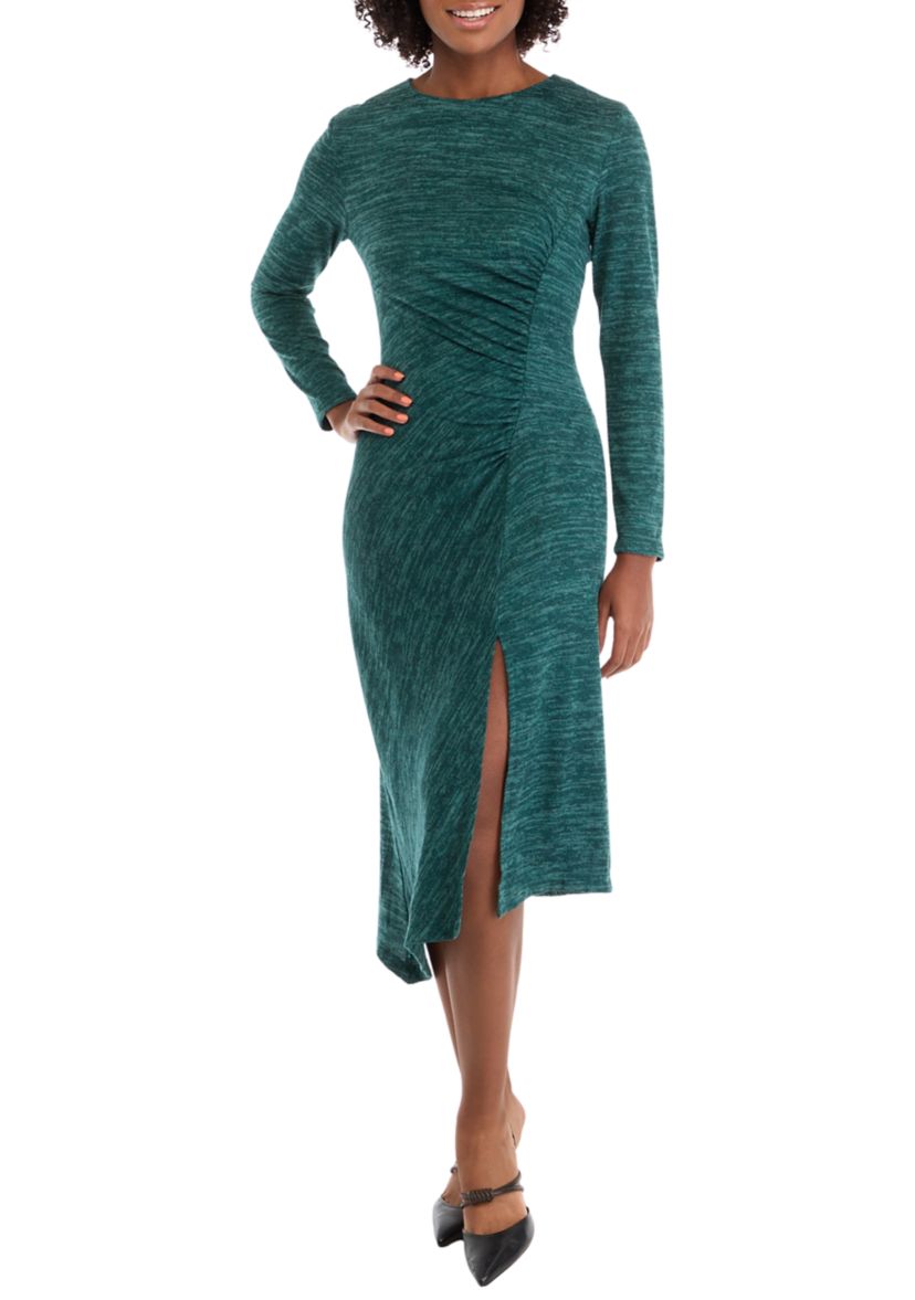 Womens Long Sleeve Asymmetrical Hem A-Line Sweater Dress