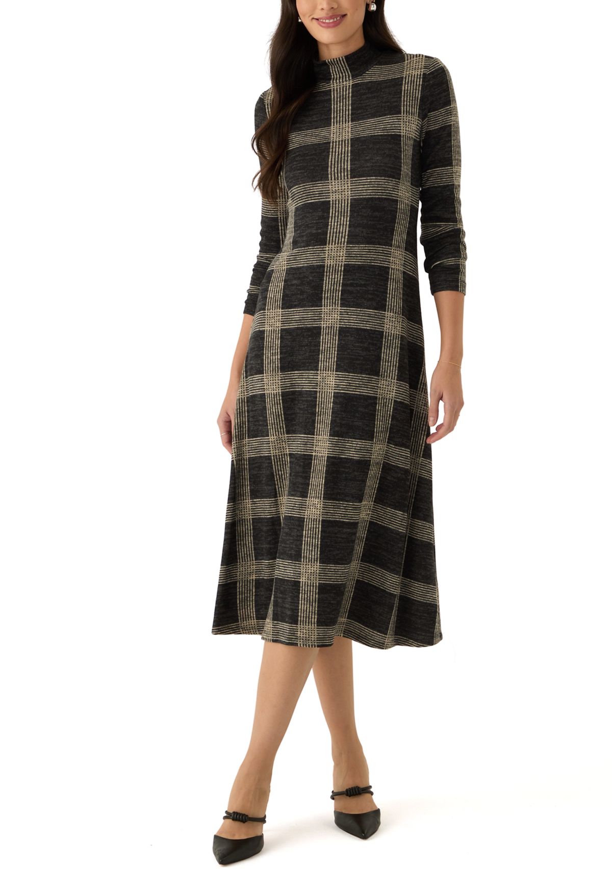 Womens Mock Neck Printed Hacci A-Line Dress