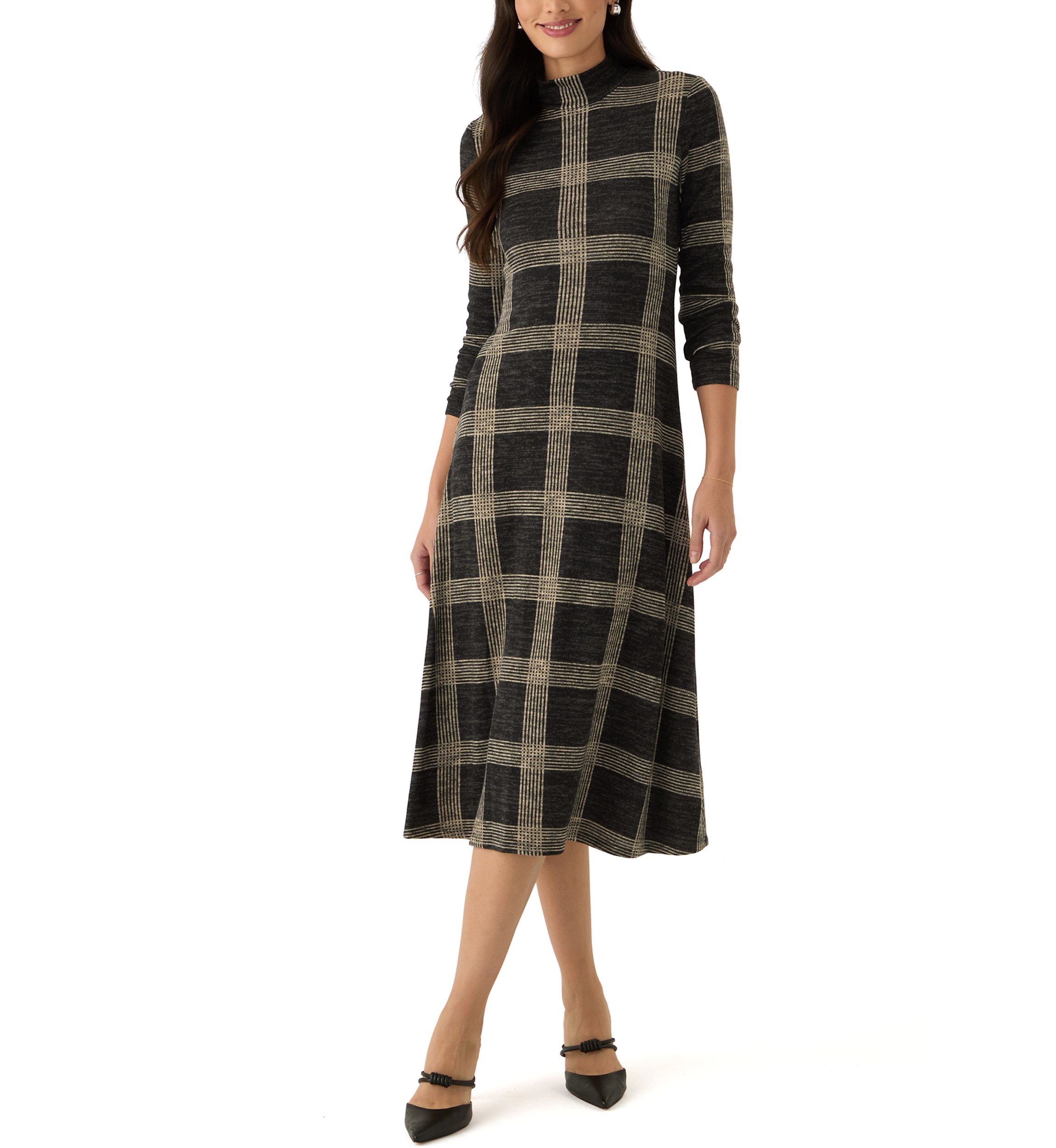 Womens Mock Neck Printed Hacci A-Line Dress
