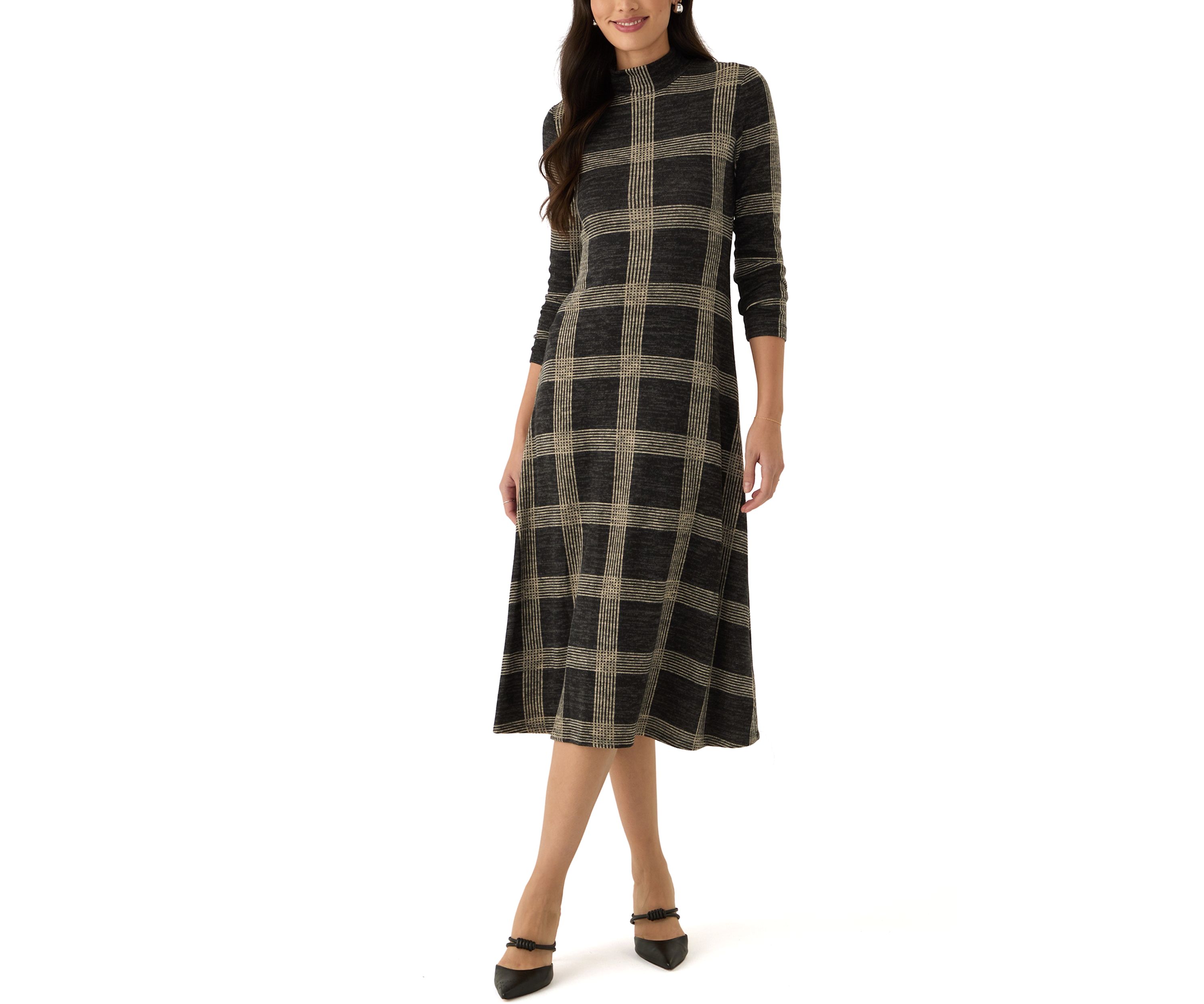Womens Mock Neck Printed Hacci A-Line Dress