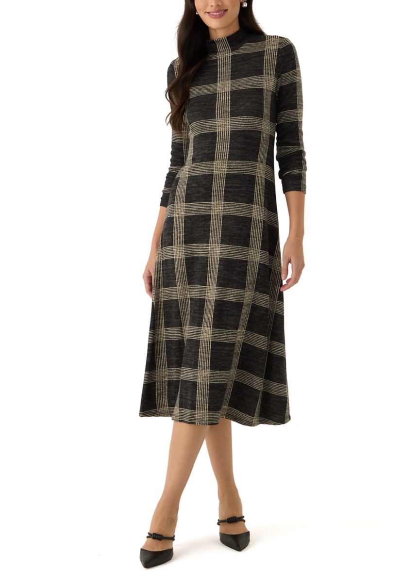 Womens Mock Neck Printed Hacci A-Line Dress