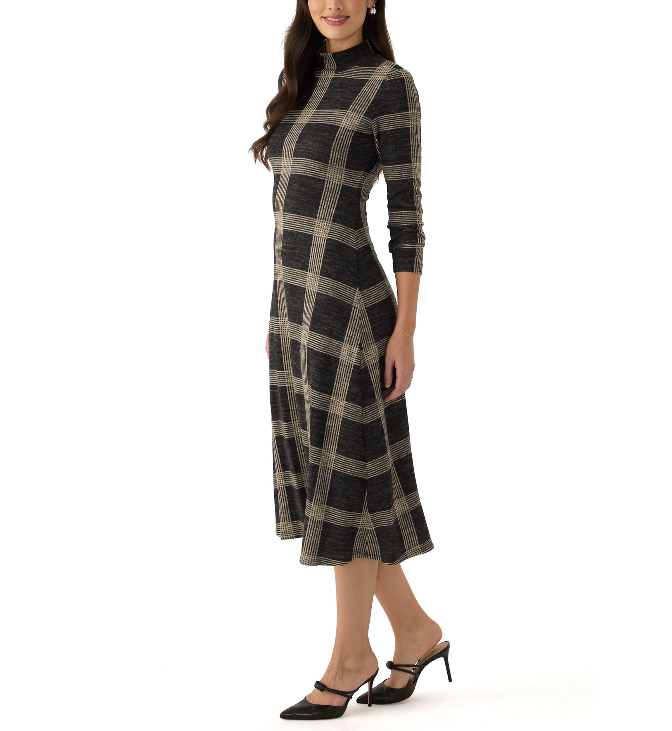 Womens Mock Neck Printed Hacci A-Line Dress