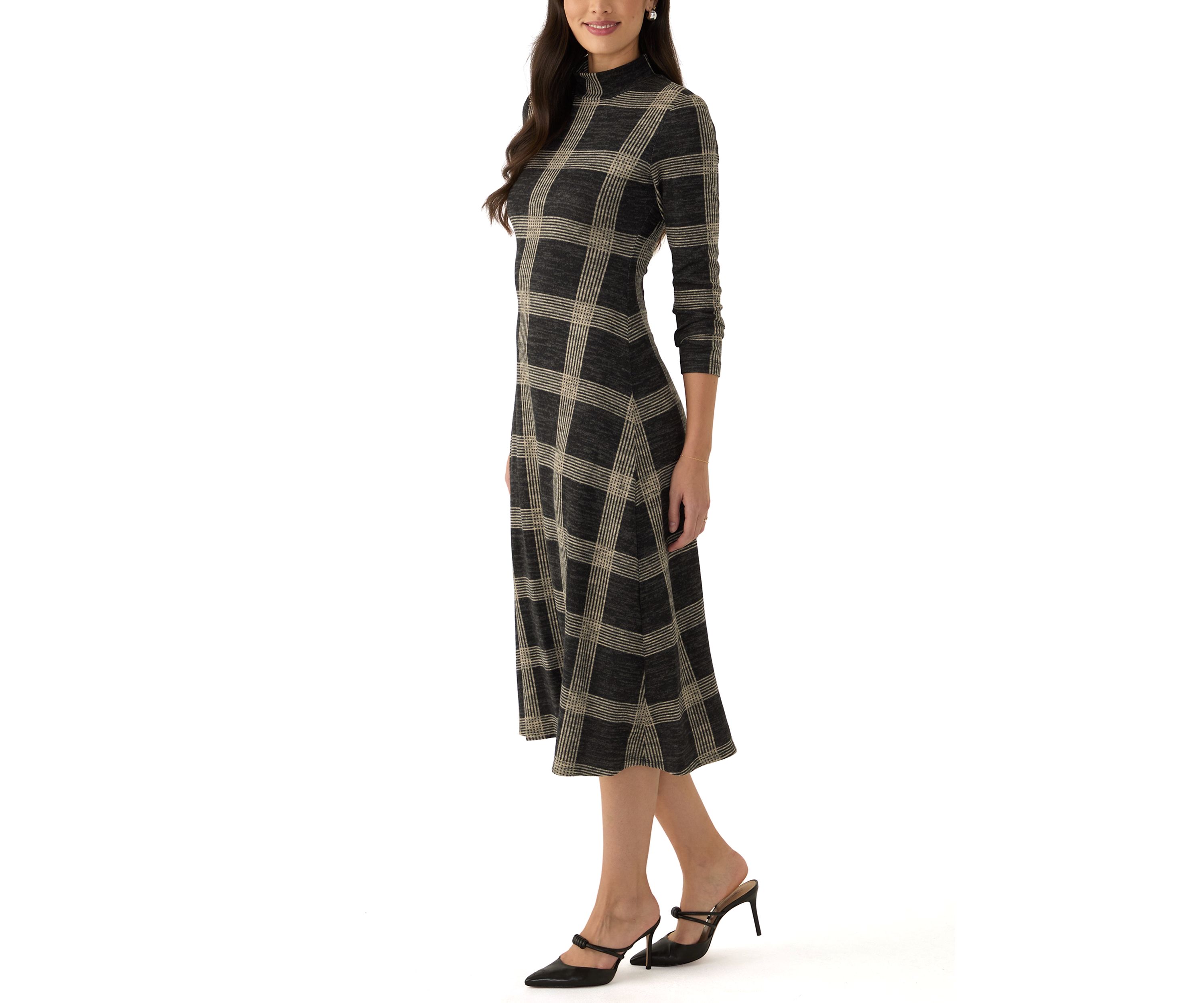 Womens Mock Neck Printed Hacci A-Line Dress