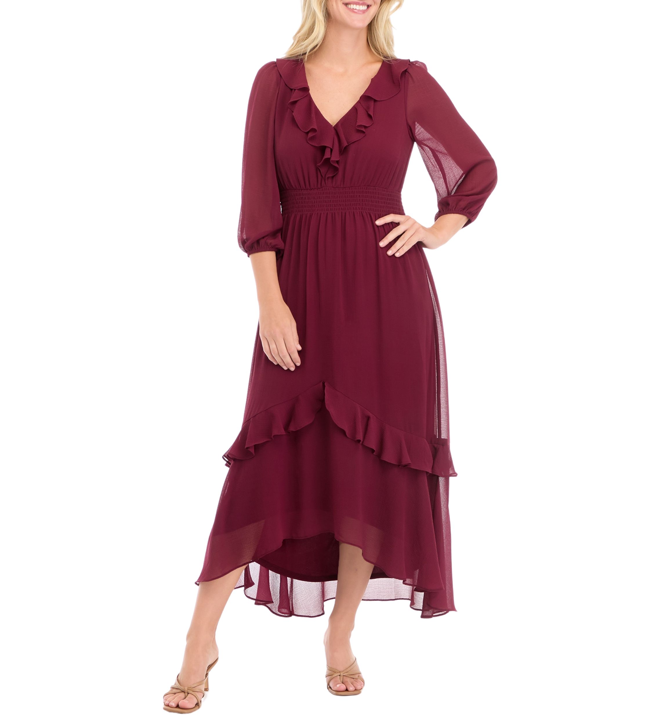 Womens 3/4 Sleeve Solid V-Neck Chiffon Dress