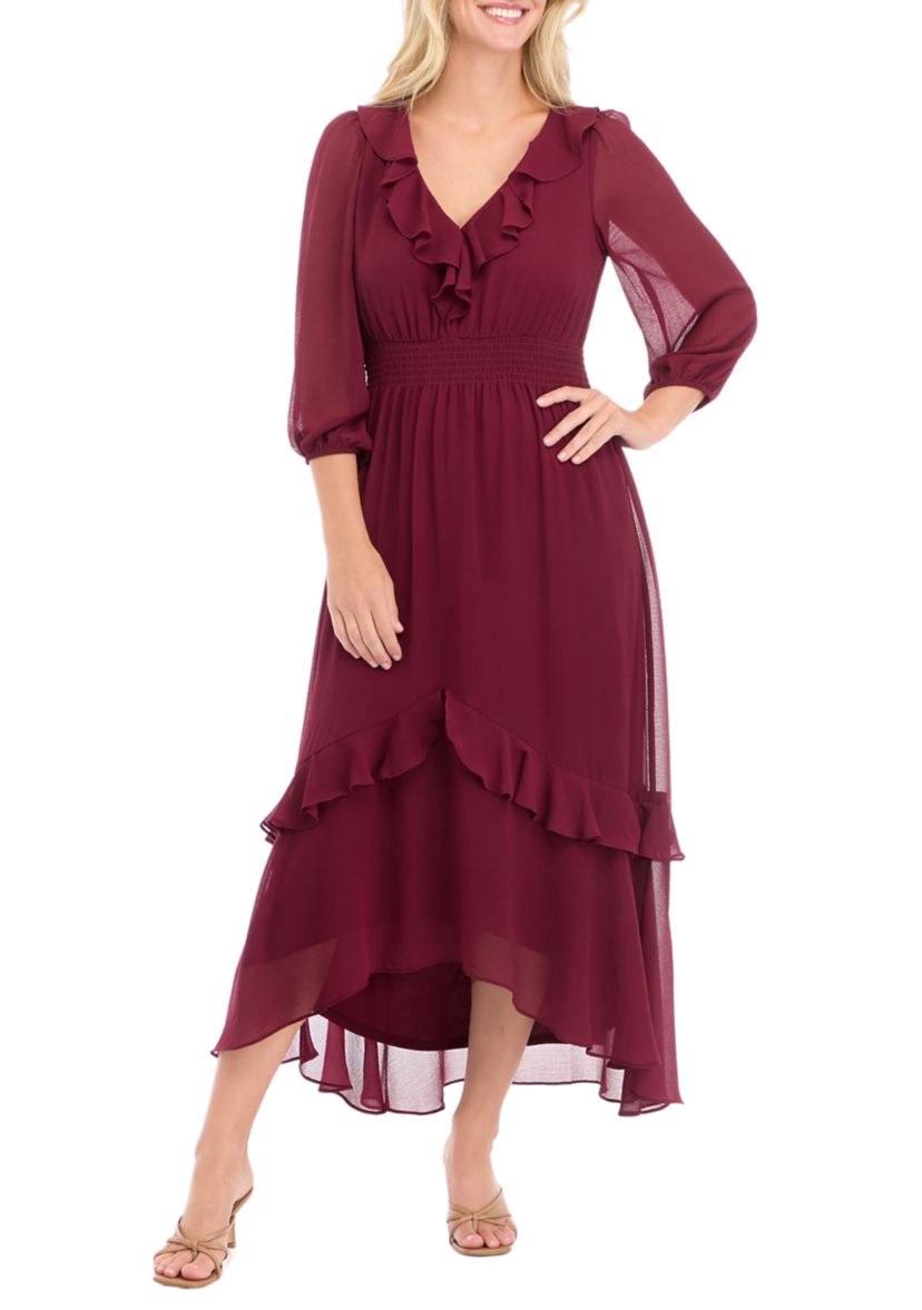 Womens 3/4 Sleeve Solid V-Neck Chiffon Dress
