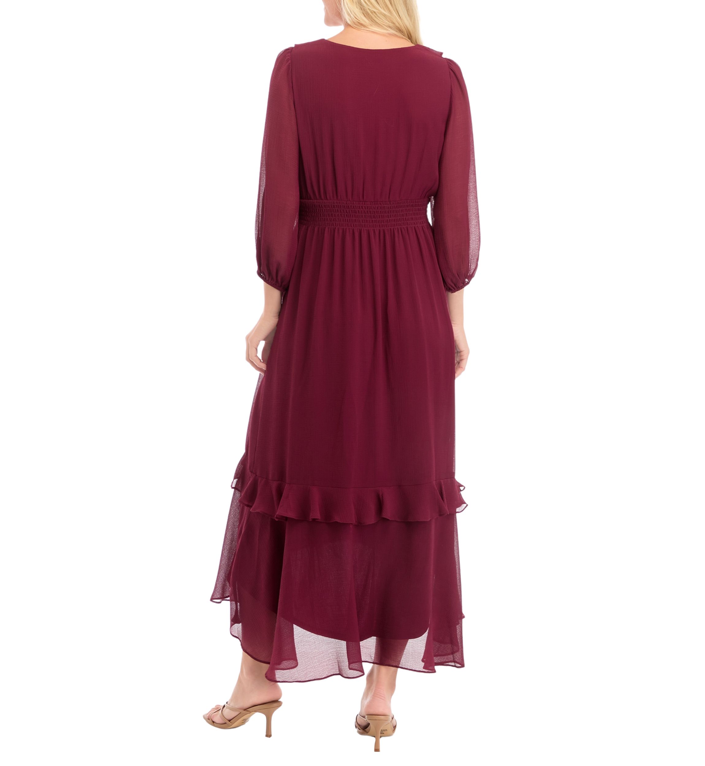 Womens 3/4 Sleeve Solid V-Neck Chiffon Dress