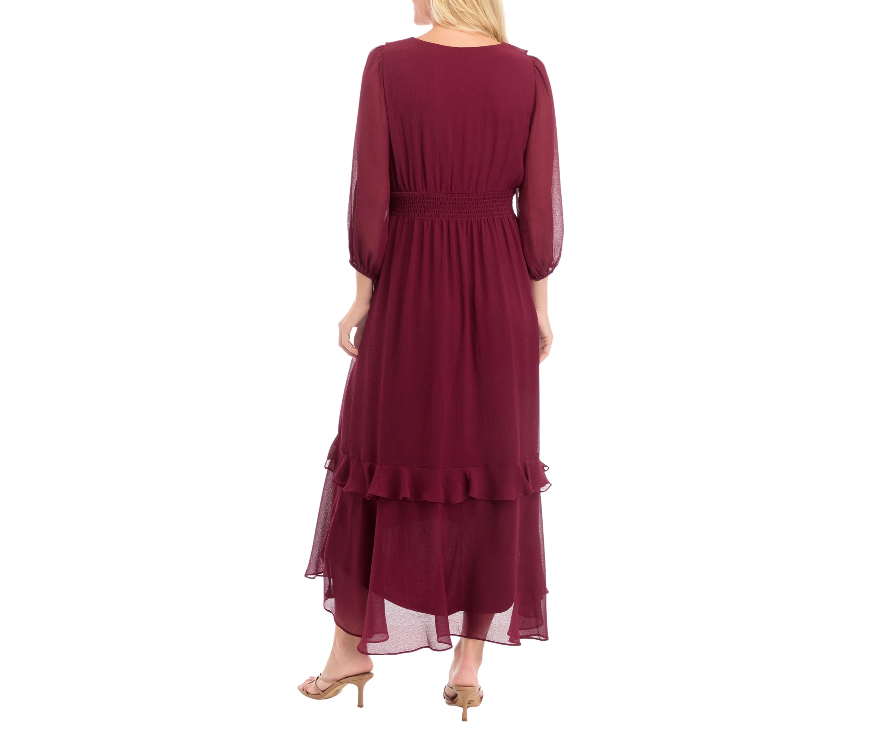 Womens 3/4 Sleeve Solid V-Neck Chiffon Dress