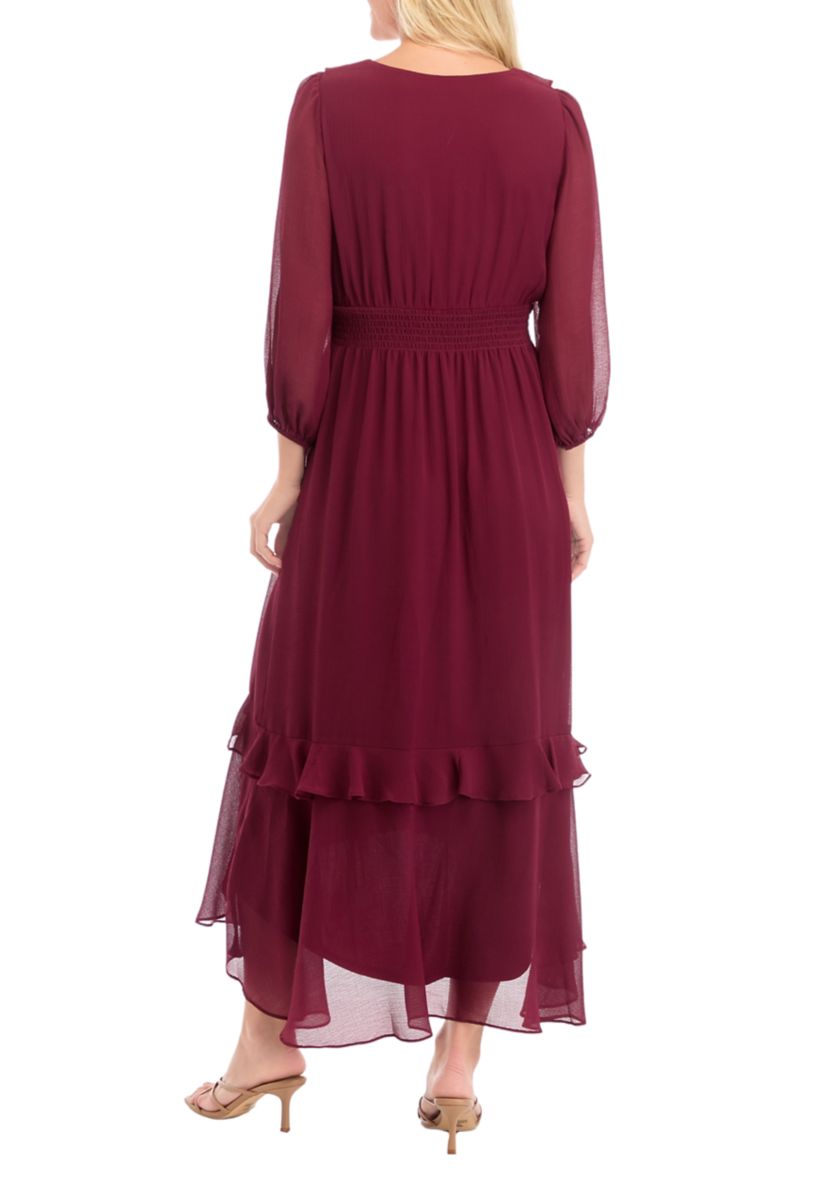 Womens 3/4 Sleeve Solid V-Neck Chiffon Dress