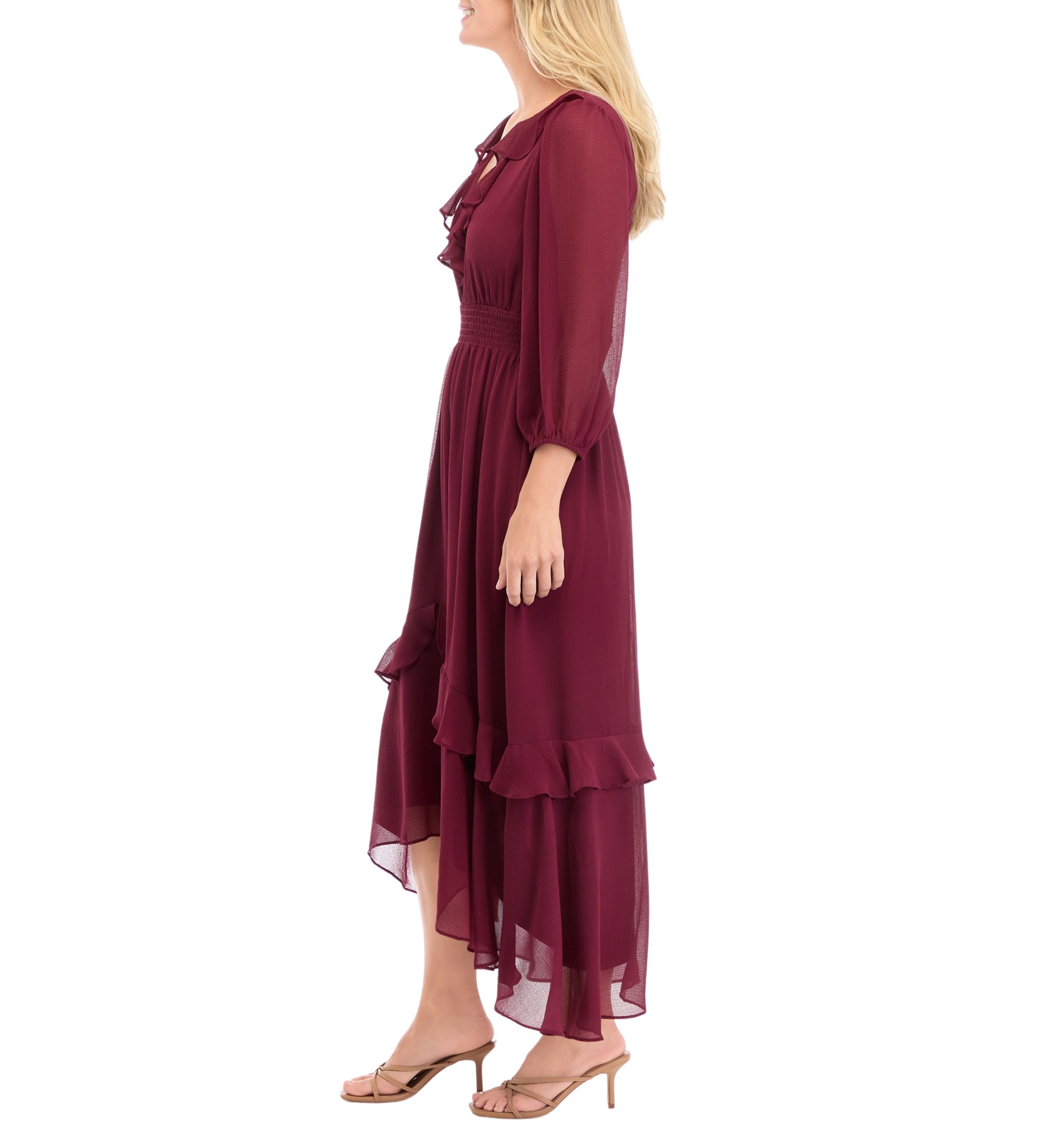 Womens 3/4 Sleeve Solid V-Neck Chiffon Dress