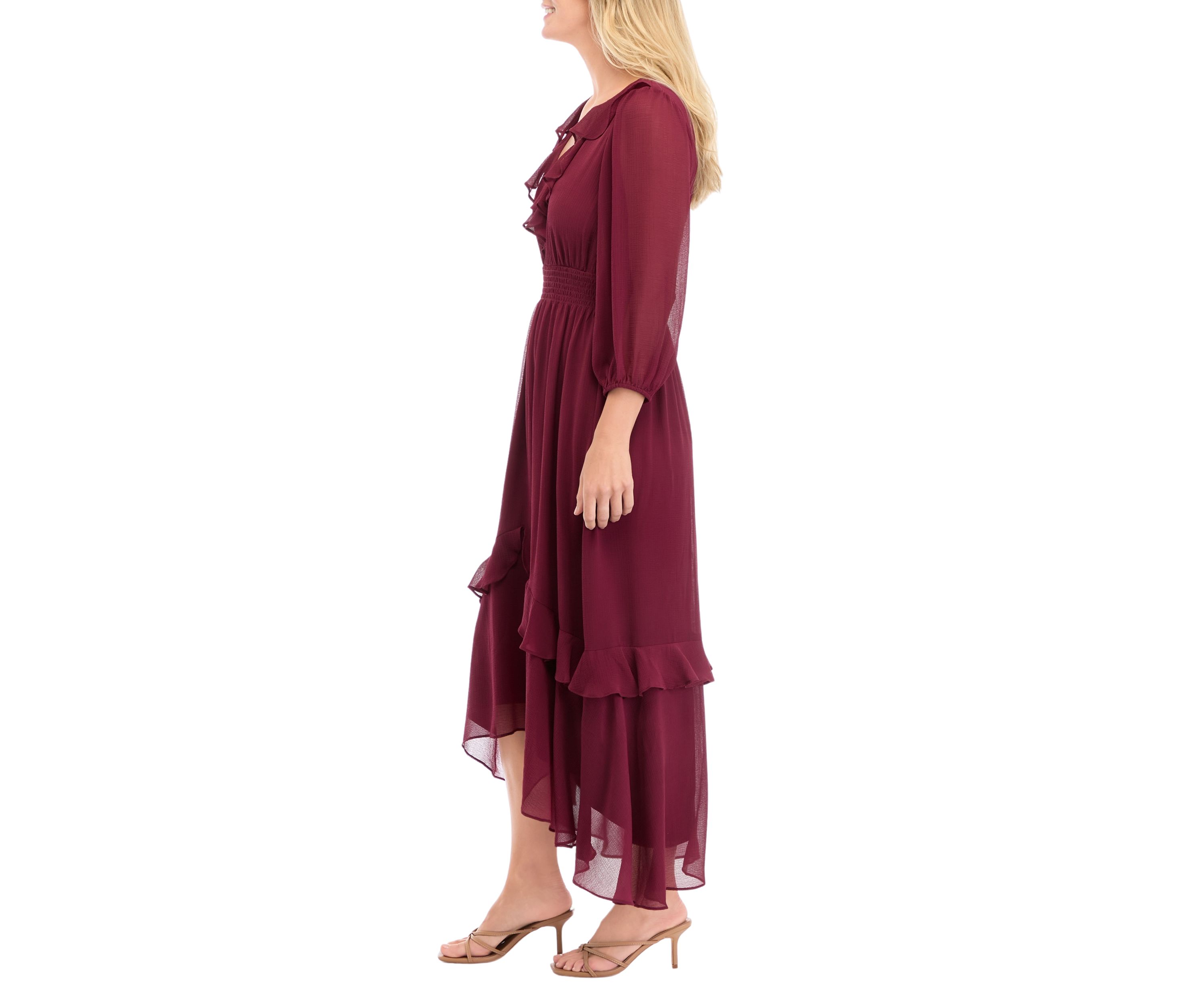 Womens 3/4 Sleeve Solid V-Neck Chiffon Dress