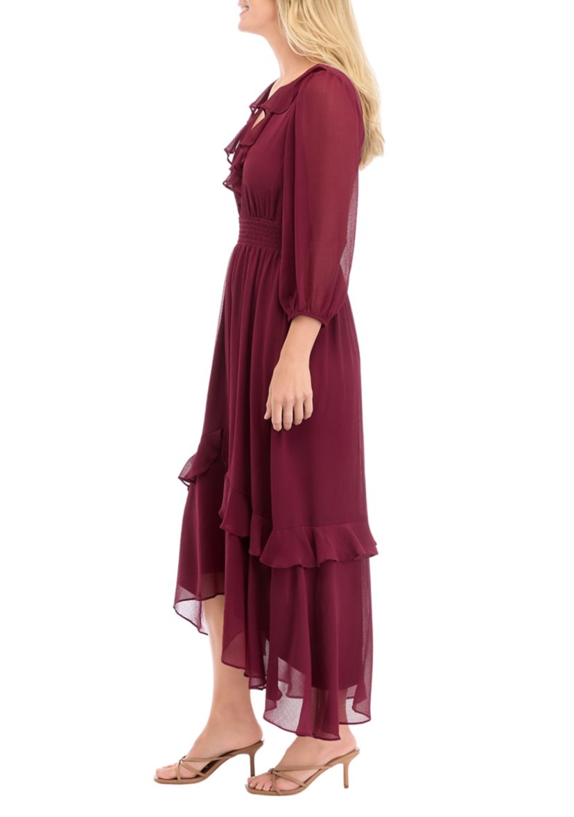 Womens 3/4 Sleeve Solid V-Neck Chiffon Dress