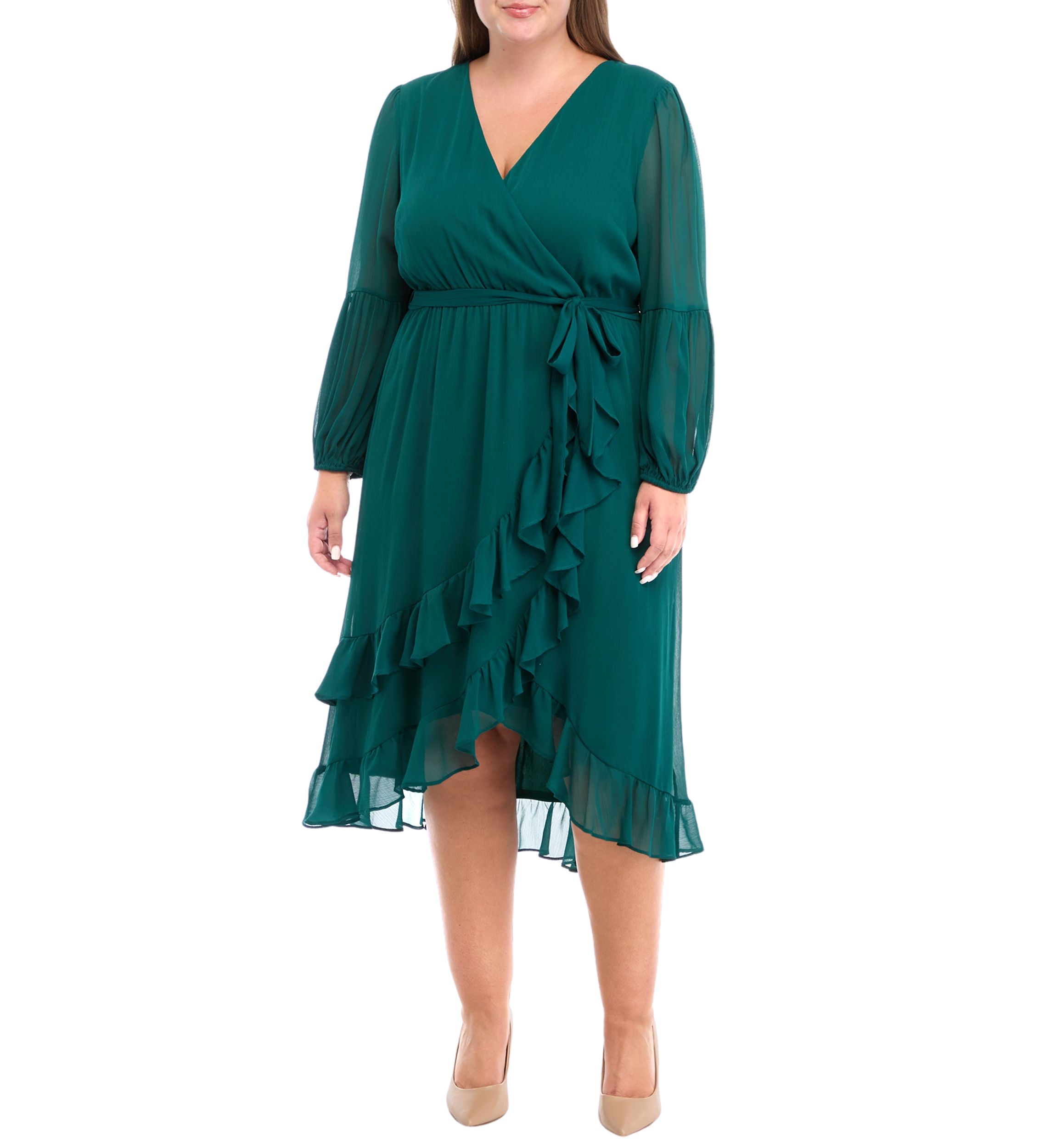 Plus Size Long Sleeve V-Neck Solid Ruffle Fit and Flare Dress