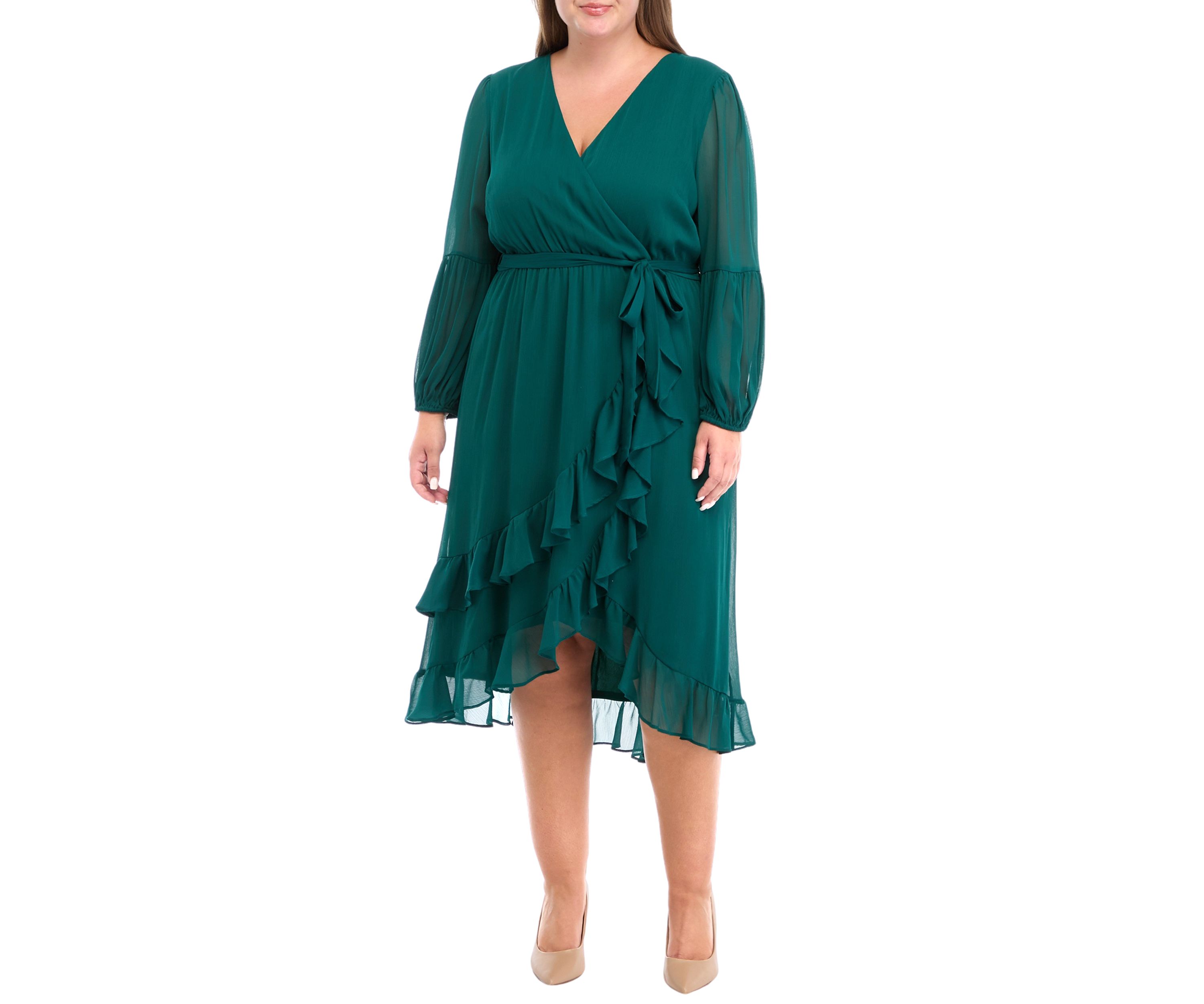 Plus Size Long Sleeve V-Neck Solid Ruffle Fit and Flare Dress
