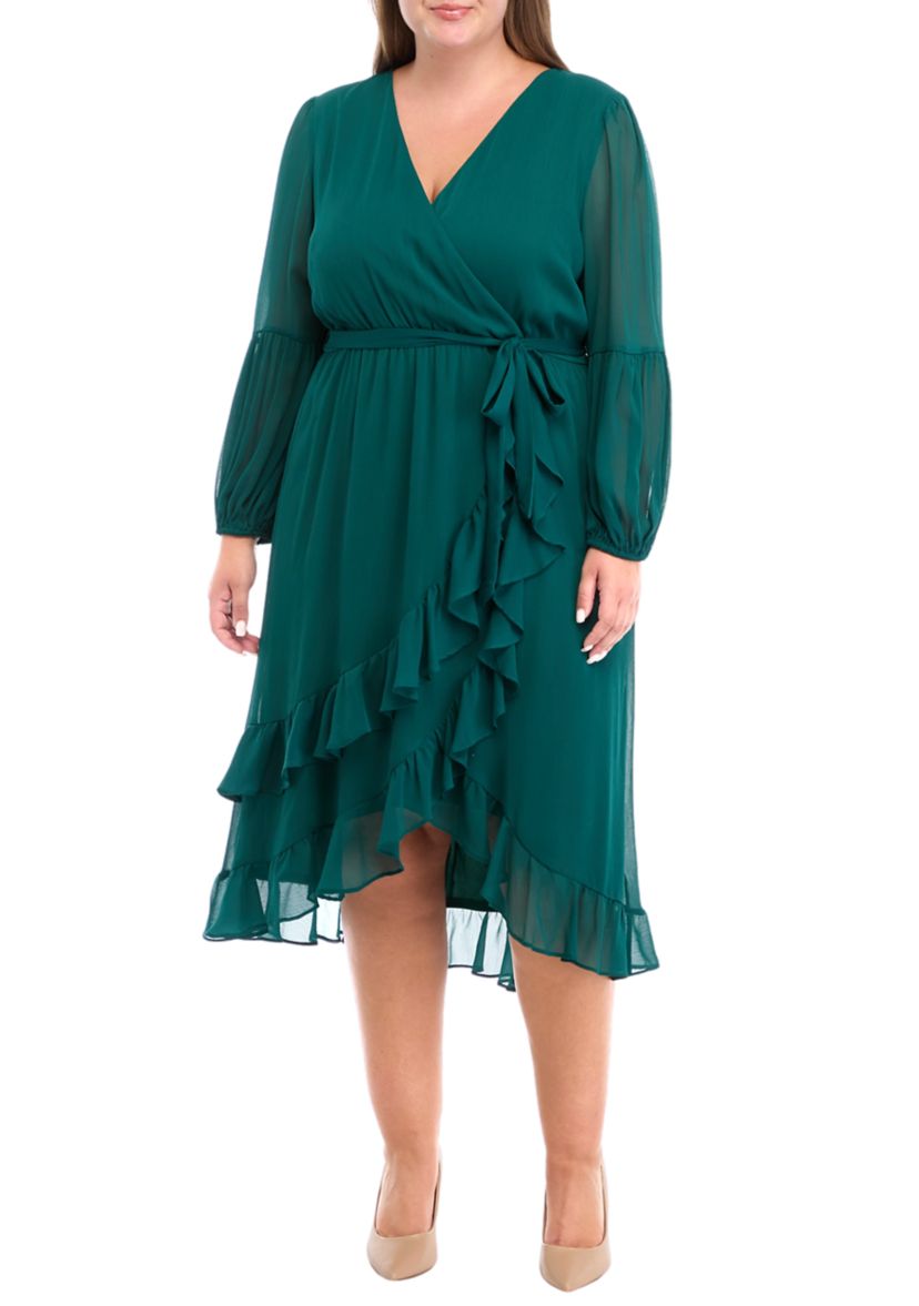 Plus Size Long Sleeve V-Neck Solid Ruffle Fit and Flare Dress