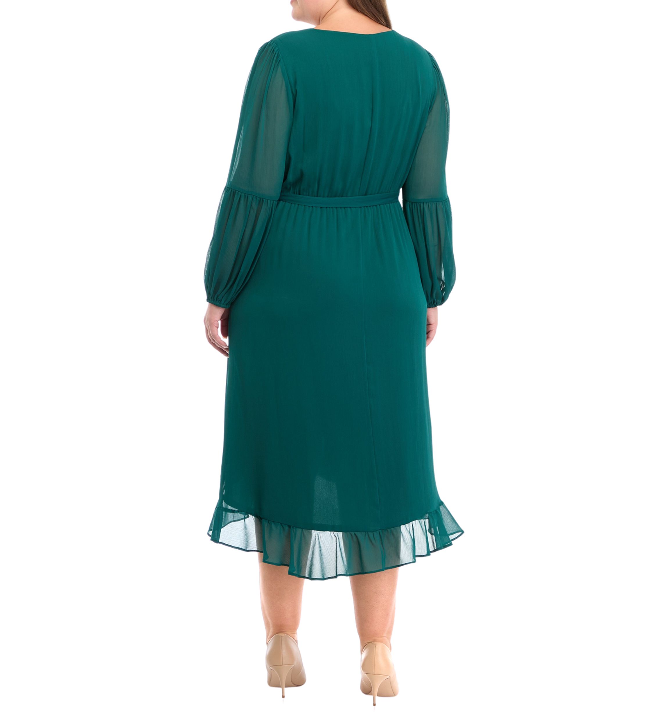 Plus Size Long Sleeve V-Neck Solid Ruffle Fit and Flare Dress