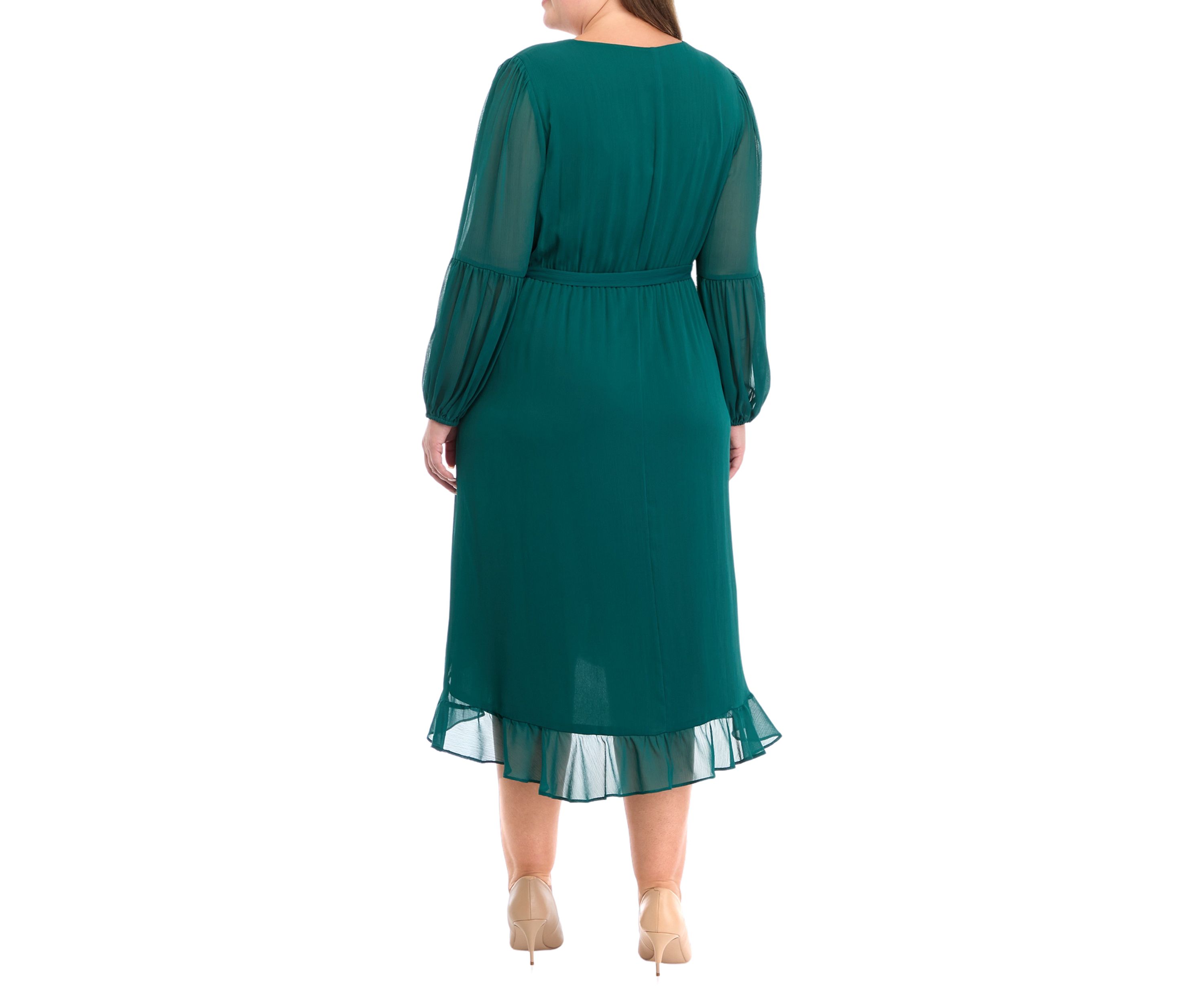 Plus Size Long Sleeve V-Neck Solid Ruffle Fit and Flare Dress