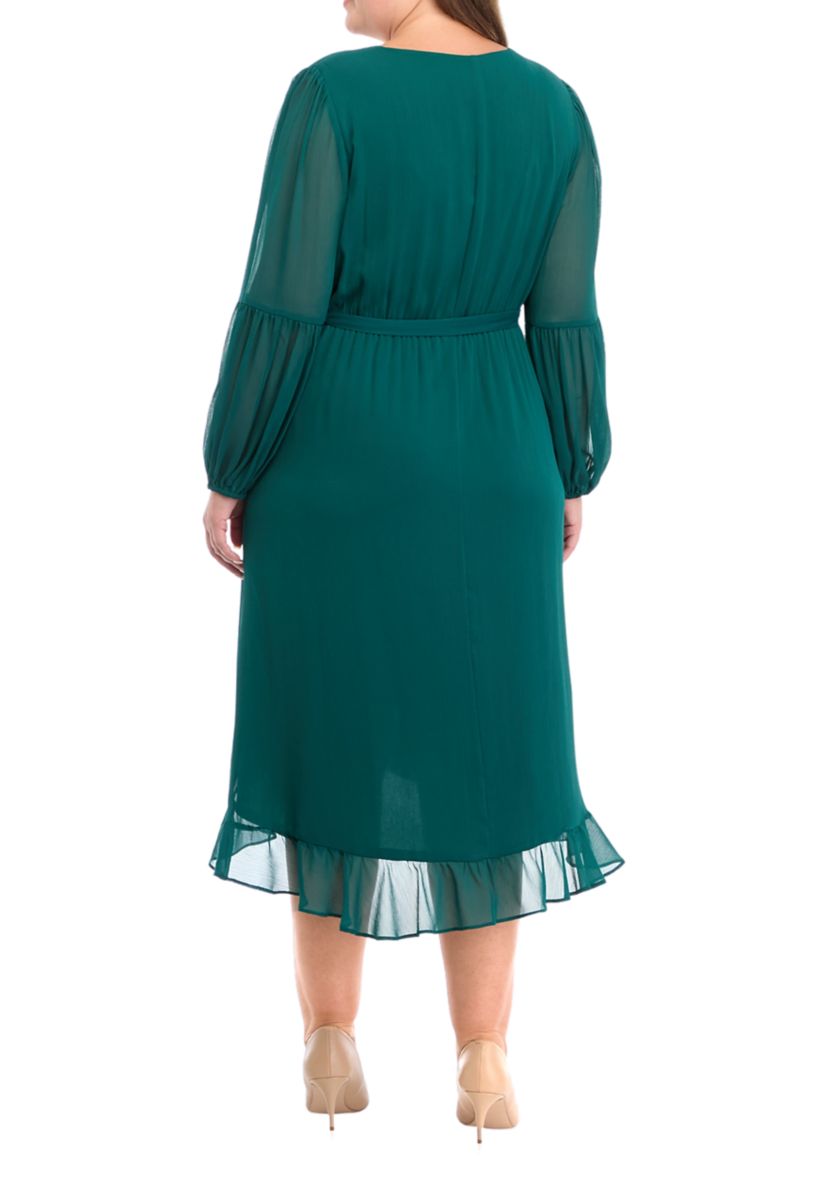 Plus Size Long Sleeve V-Neck Solid Ruffle Fit and Flare Dress