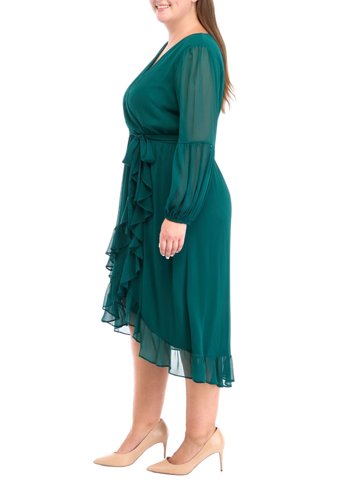 Plus Size Long Sleeve V-Neck Solid Ruffle Fit and Flare Dress