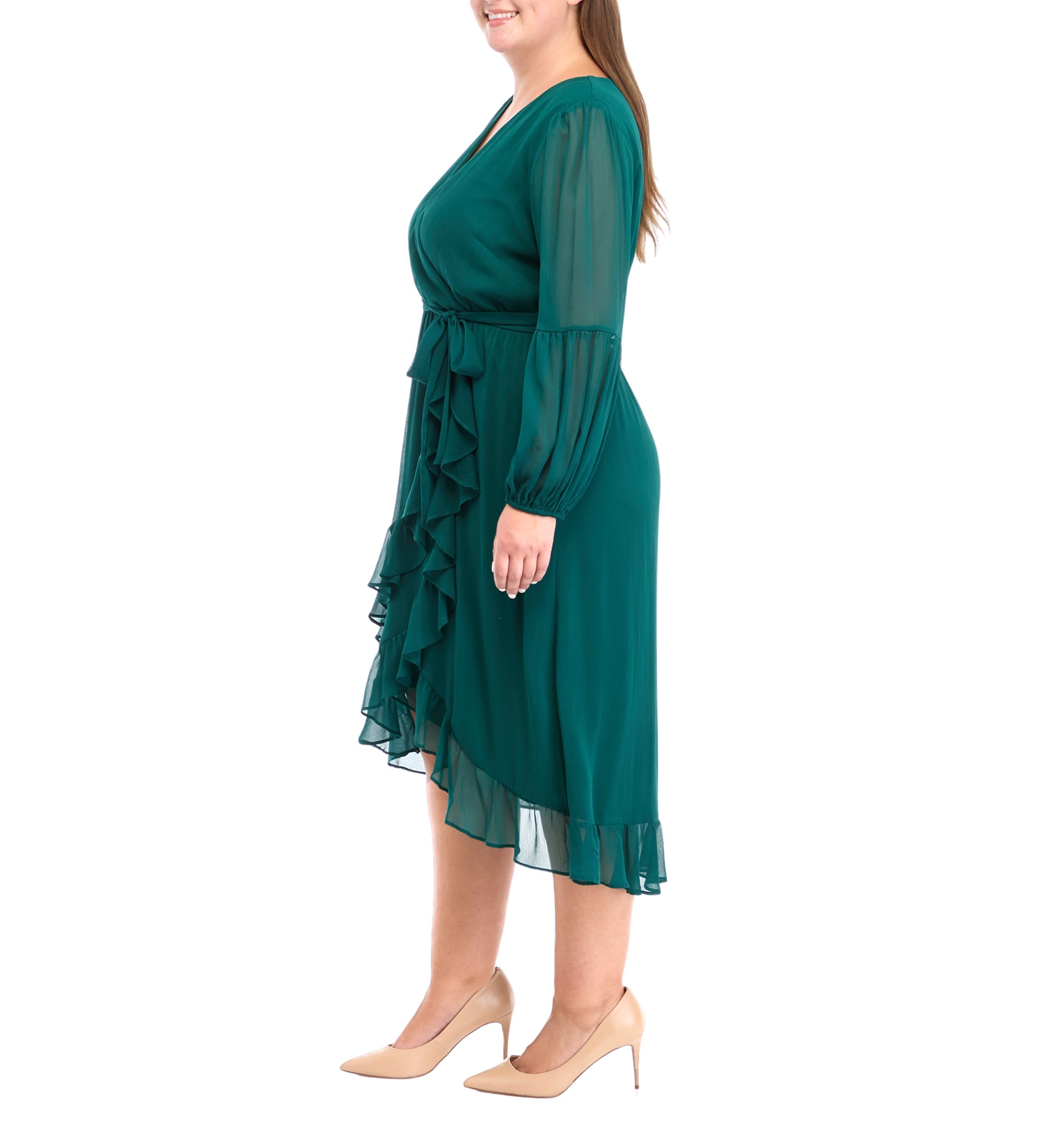 Plus Size Long Sleeve V-Neck Solid Ruffle Fit and Flare Dress