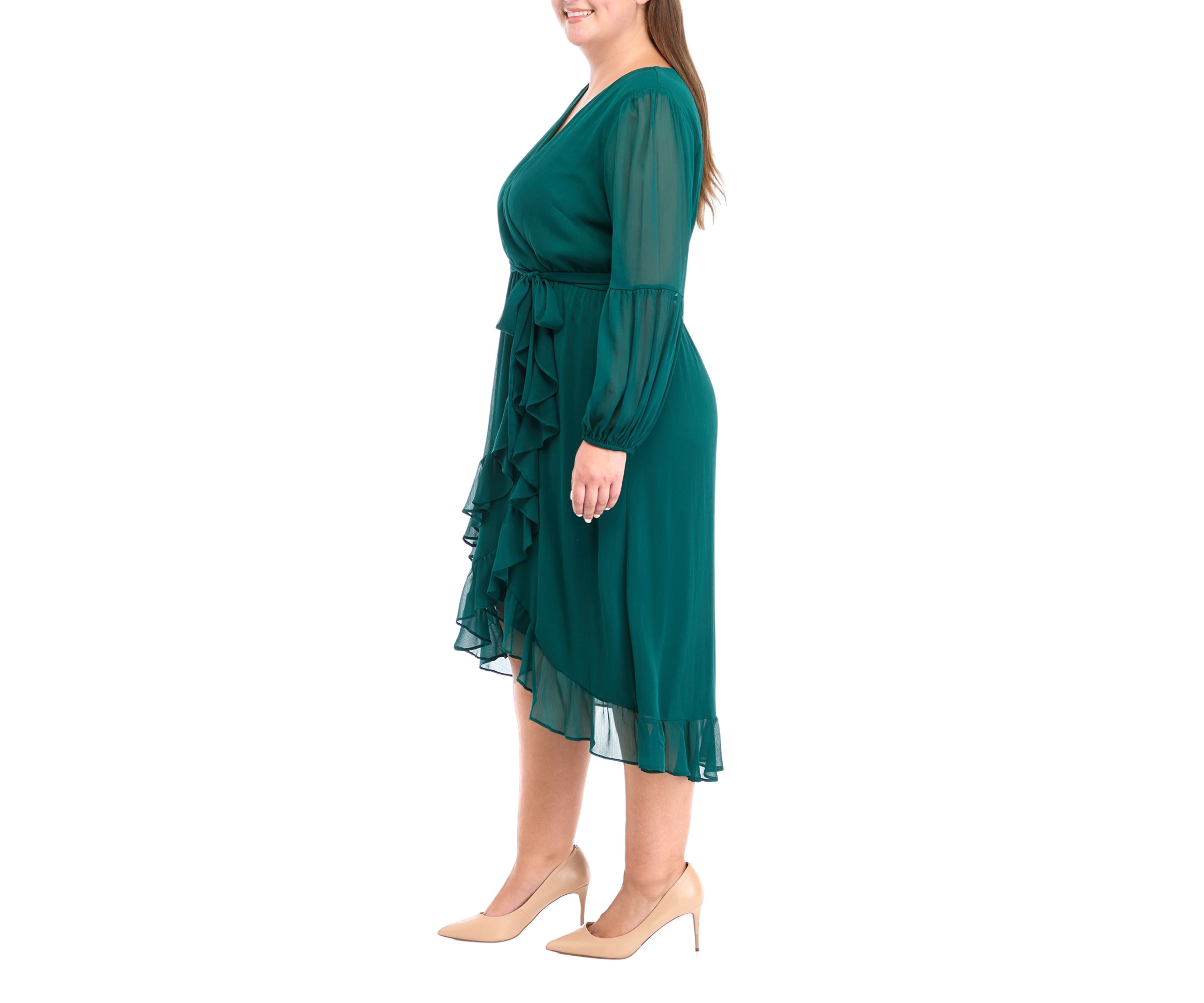 Plus Size Long Sleeve V-Neck Solid Ruffle Fit and Flare Dress