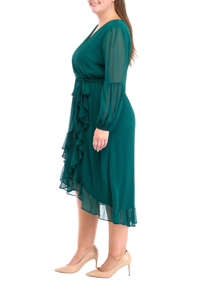 Plus Size Long Sleeve V-Neck Solid Ruffle Fit and Flare Dress