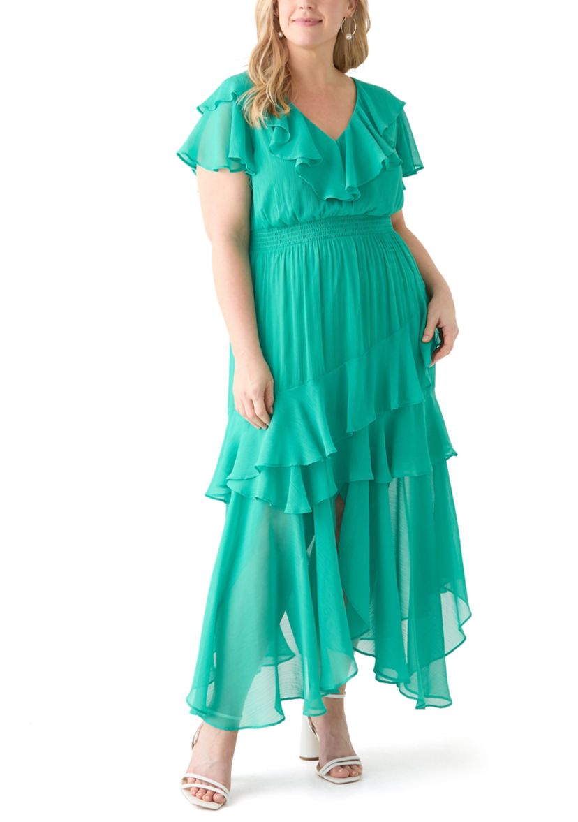 Plus Size Flutter Sleeve Solid Chiffon Fit and Flare Dress