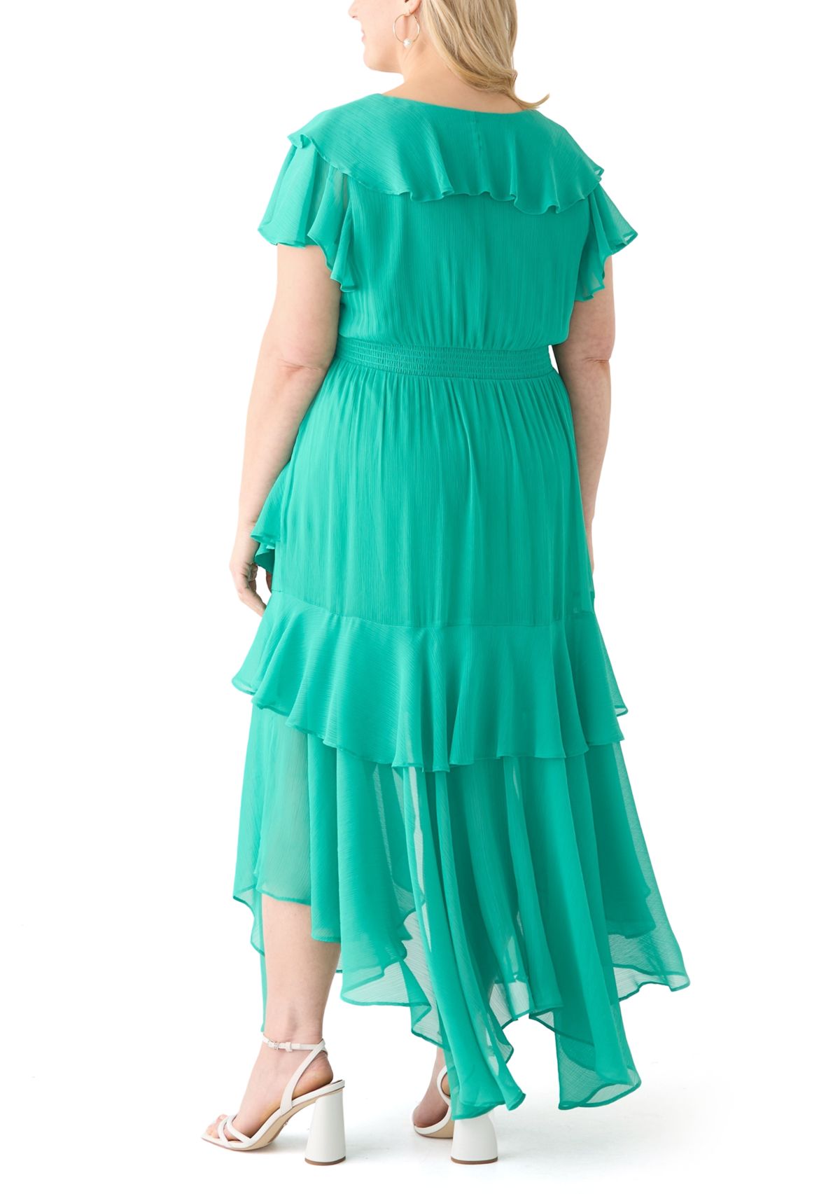 Plus Size Flutter Sleeve Solid Chiffon Fit and Flare Dress