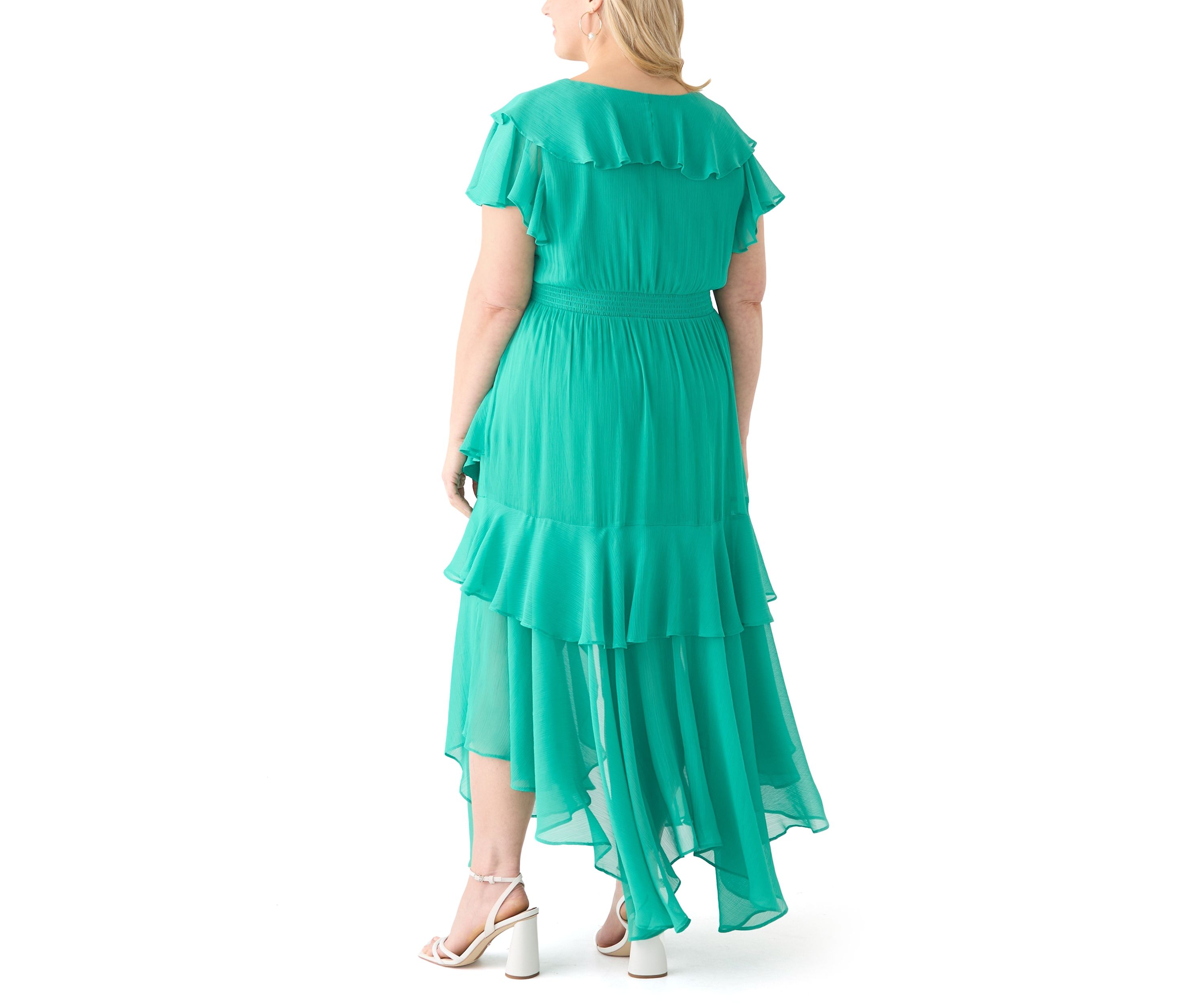 Plus Size Flutter Sleeve Solid Chiffon Fit and Flare Dress