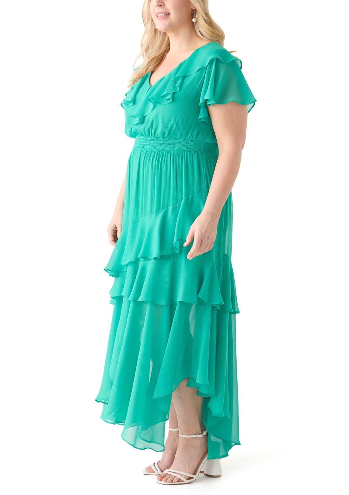 Plus Size Flutter Sleeve Solid Chiffon Fit and Flare Dress