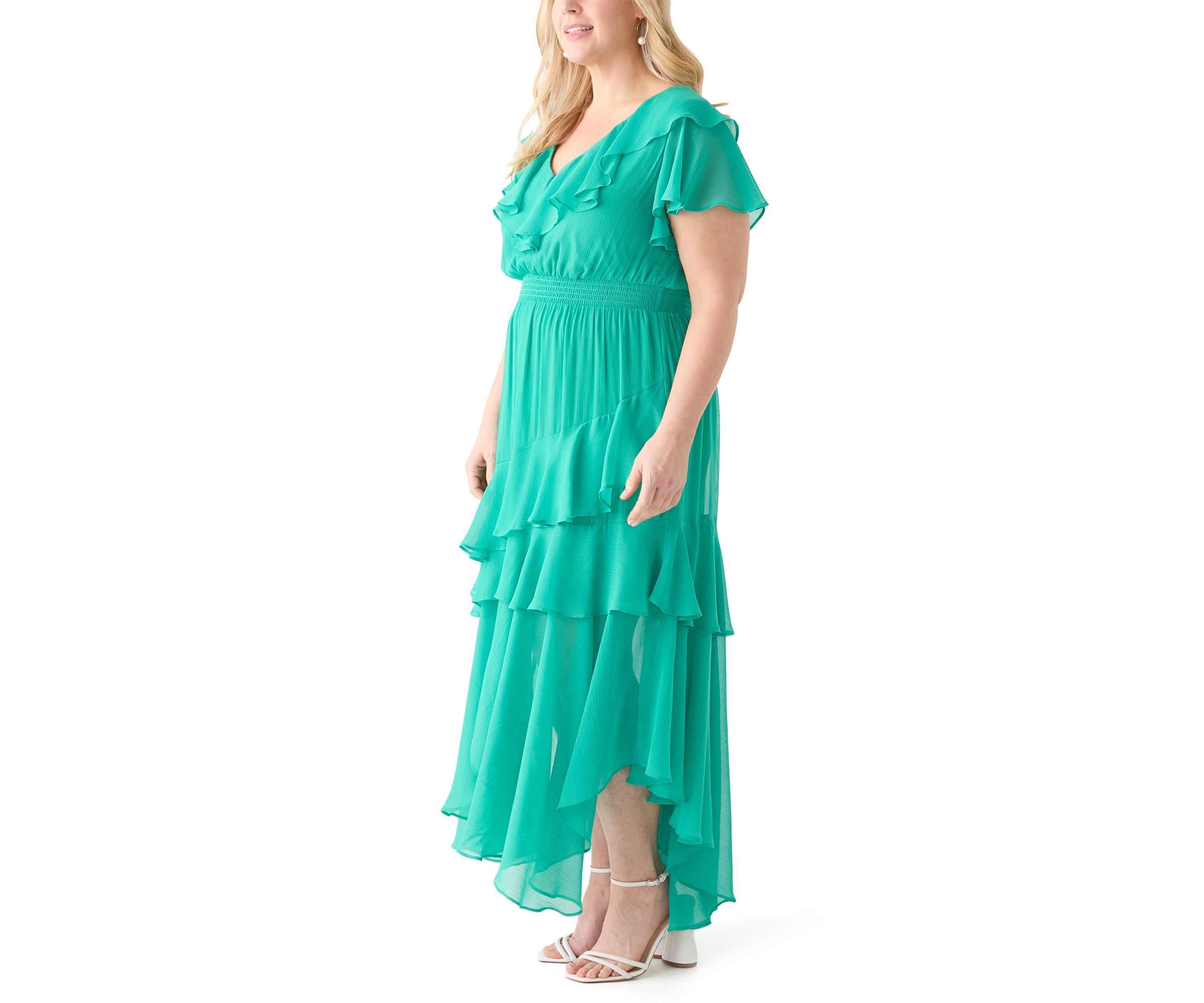 Plus Size Flutter Sleeve Solid Chiffon Fit and Flare Dress